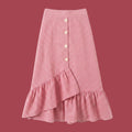 Korean Style Pink Gingham Ruffle Midi Skirt for Women | High Waist Checkered Skirt