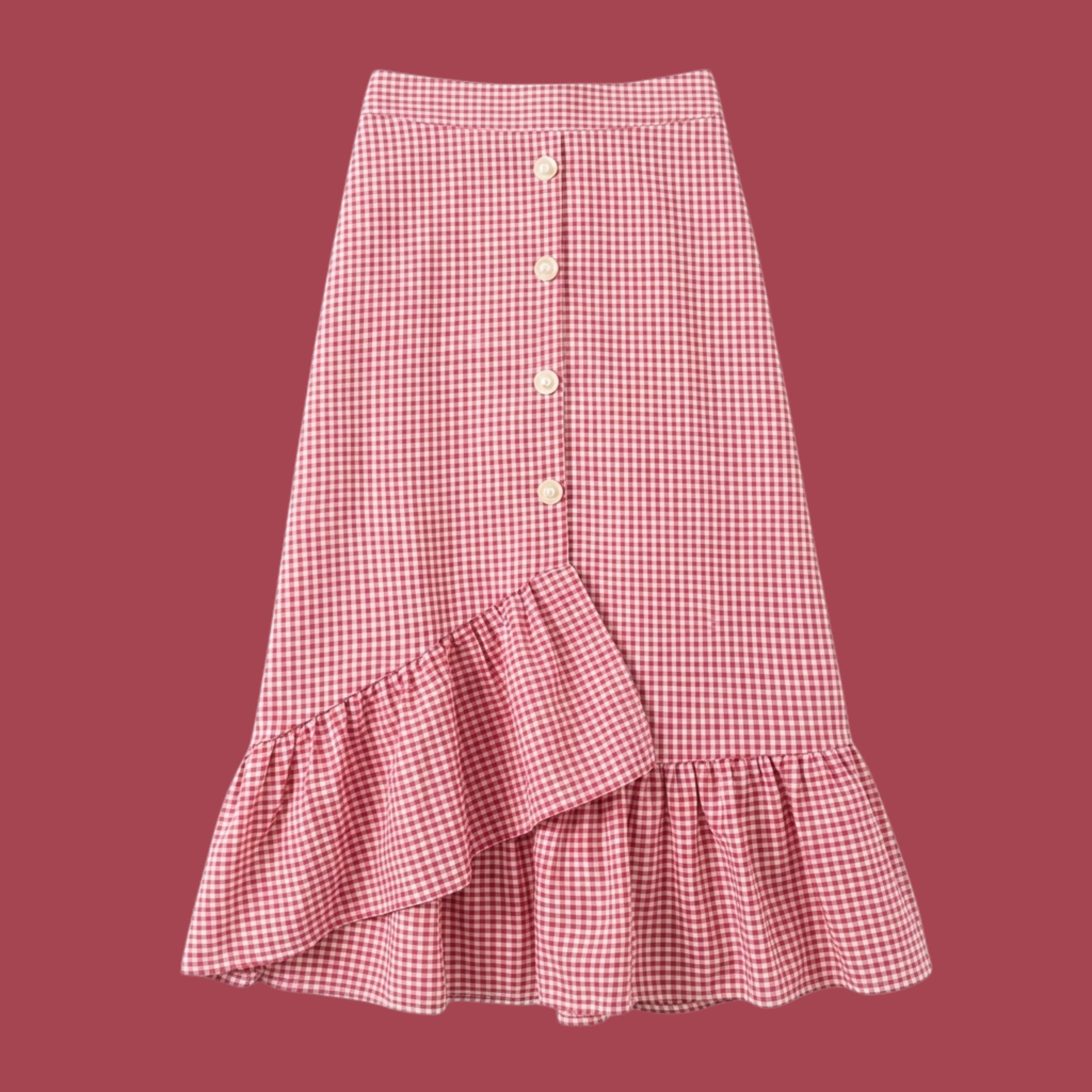 Korean Style Pink Gingham Ruffle Midi Skirt for Women | High Waist Checkered Skirt