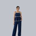 Women's Blue Peplum Co-Ord Set with Wide-Leg Pants | Sleeveless Summer Coord Set