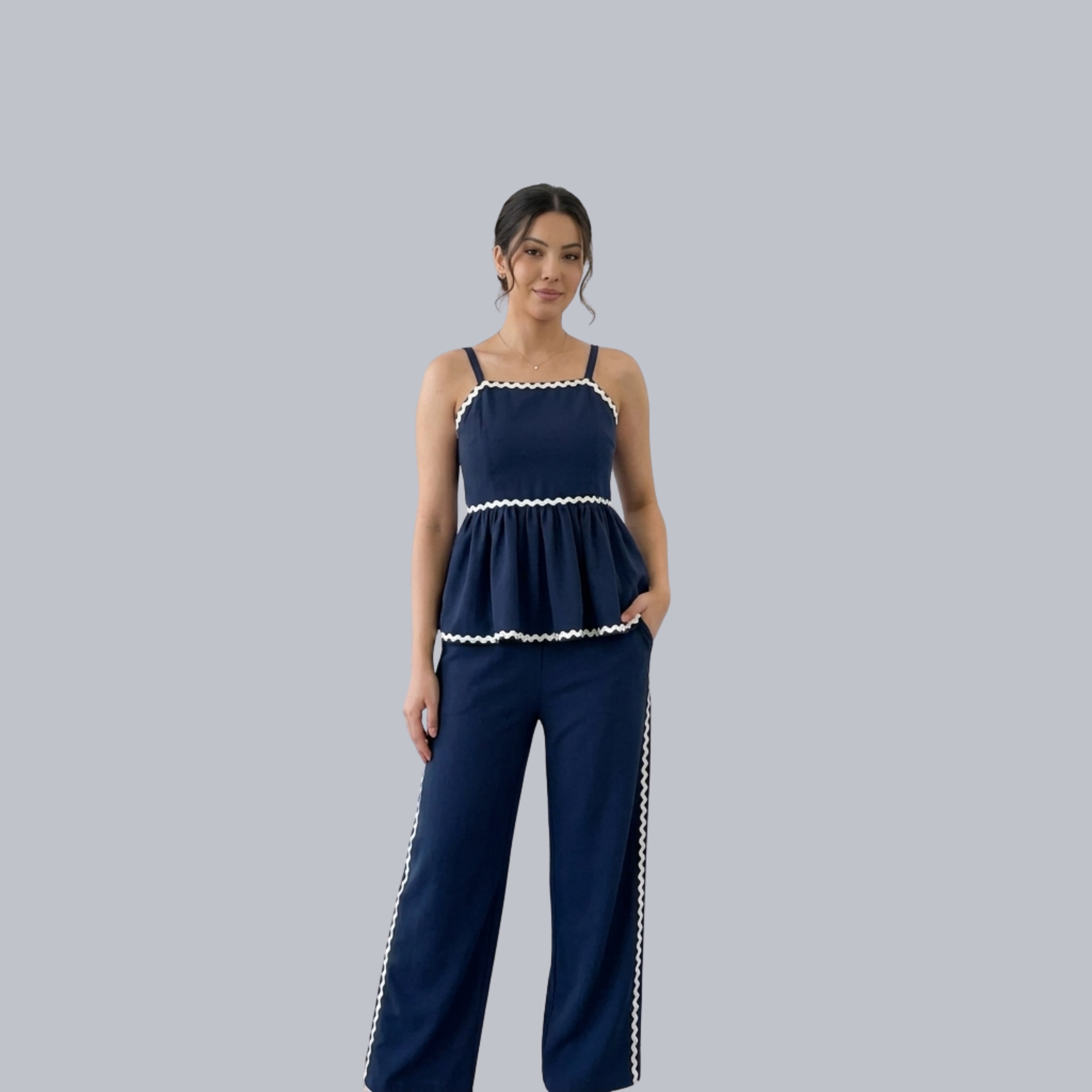 Women's Blue Peplum Co-Ord Set with Wide-Leg Pants | Sleeveless Summer Coord Set