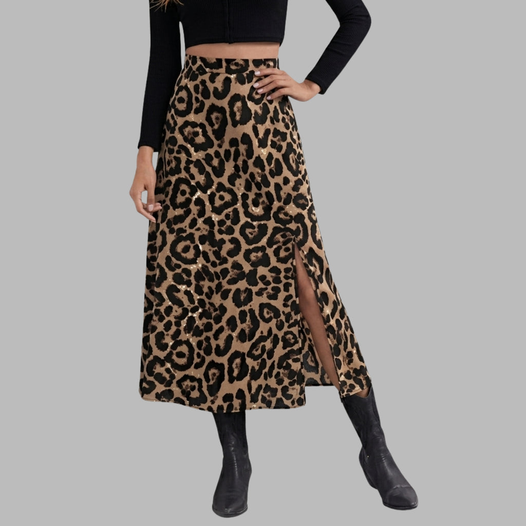 Korean Inspired Leopard Print Midi Skirt for Women | High Waist A-Line Skirt with Side Slit
