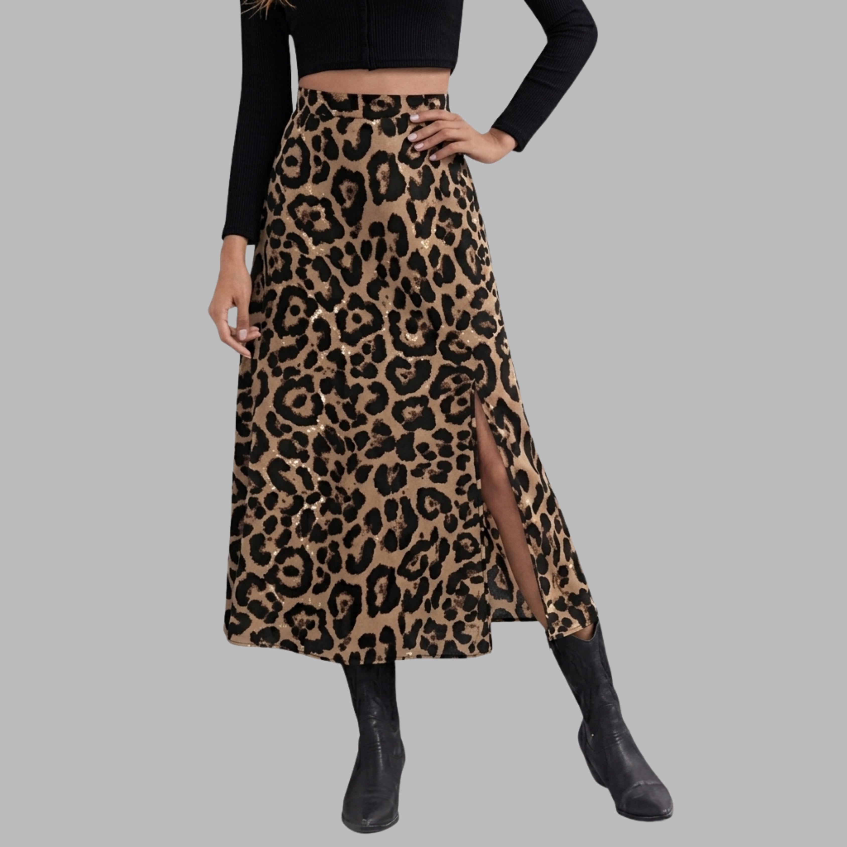 Korean Inspired Leopard Print Midi Skirt for Women | High Waist A-Line Skirt with Side Slit