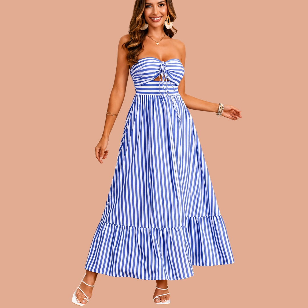 Blue & White Striped Cut-Out Halter Maxi Dress