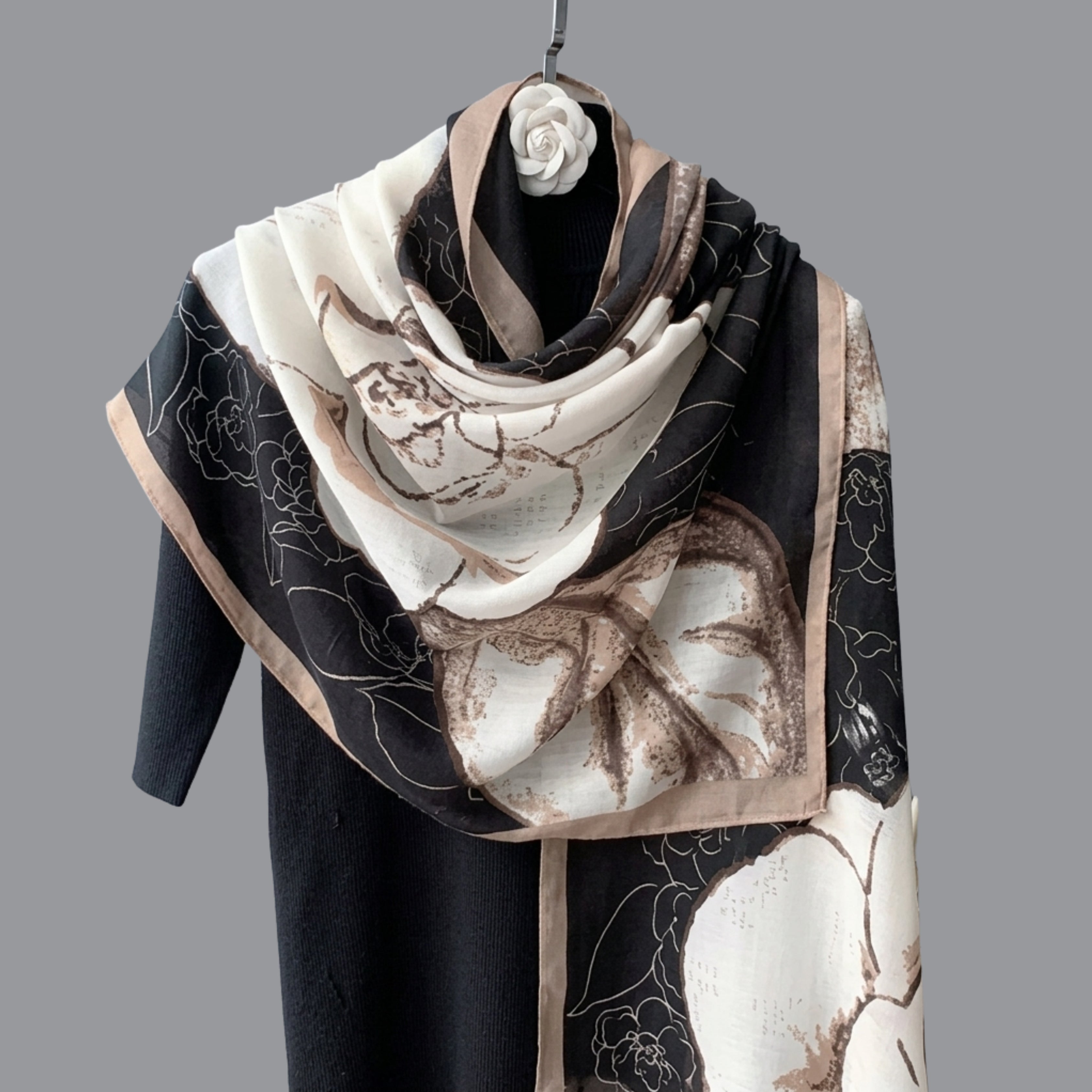 Elegant Black & Ivory Floral Print Women's Scarf | Soft Lightweight Korean Style Shawl, Wrap & Stole