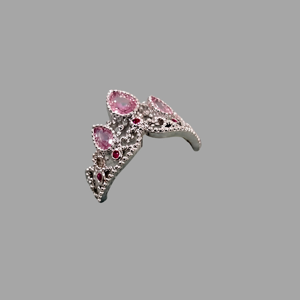 Vintage Pink Crystal Crown Ring for Women | Adjustable Anti-Tarnish Silver Ring