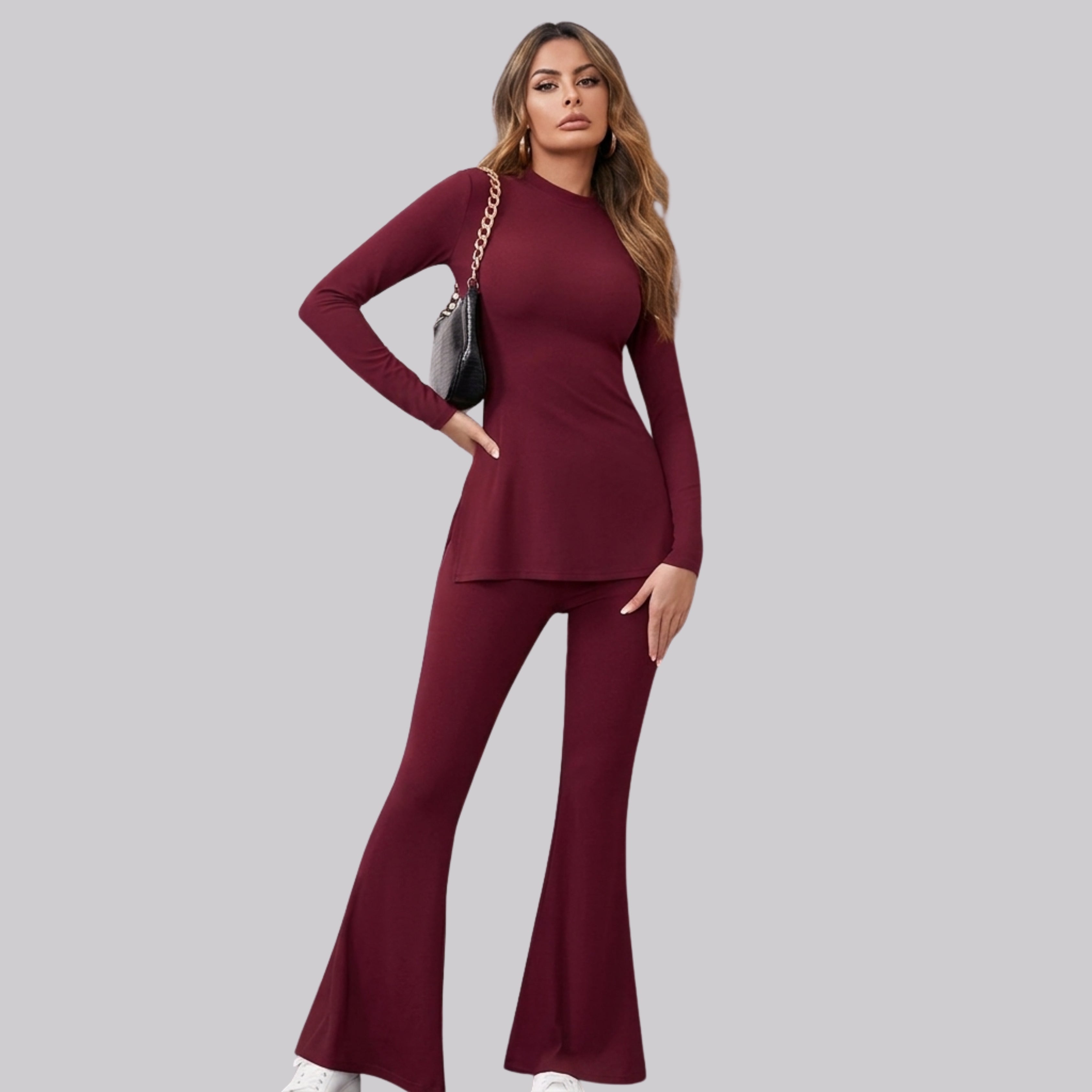 Women's Long Sleeve Co-Ord Set | Mock Neck Top & Flared Pants