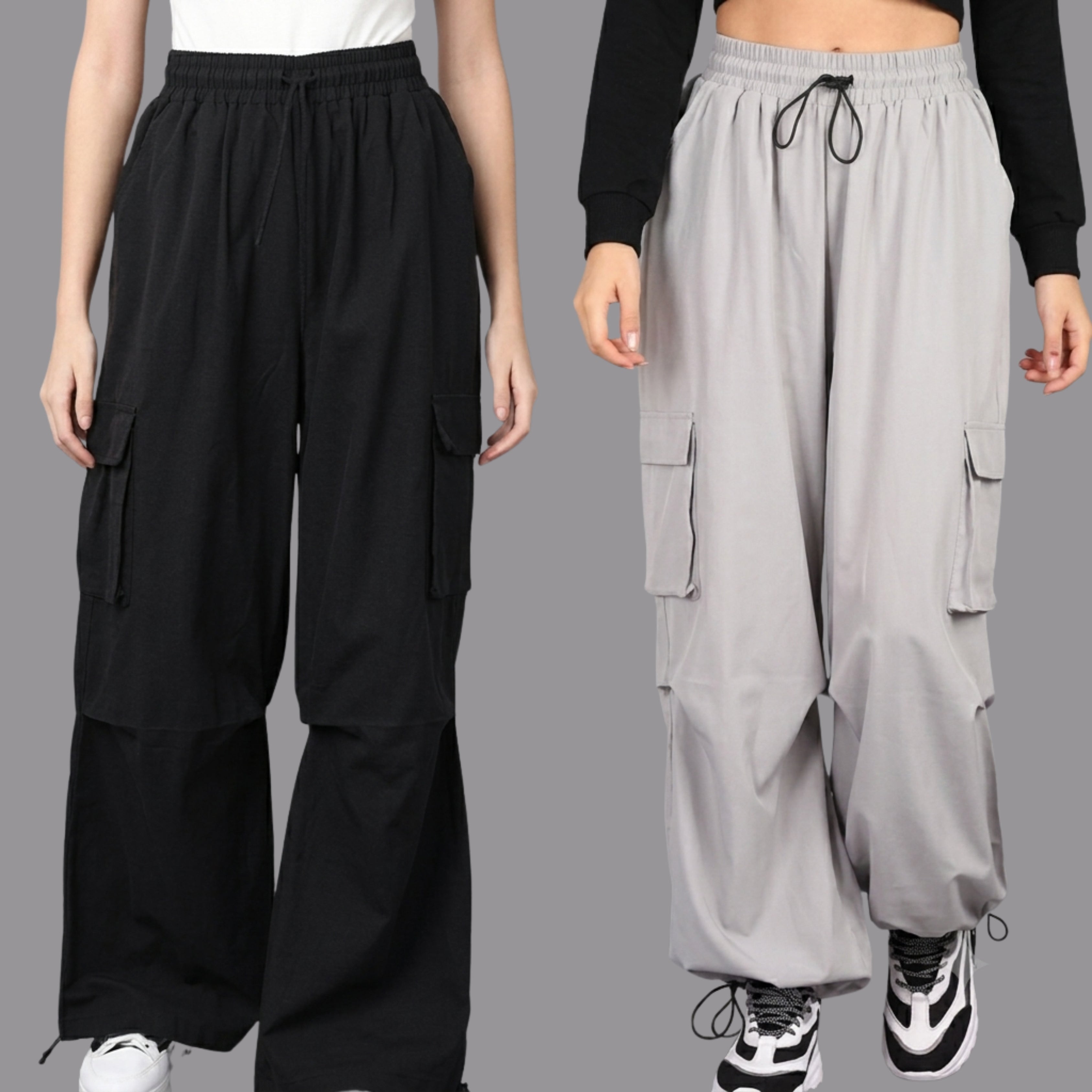 Women's KOREAN Cargo Jogger Pants combo - High Waist Drawstring Utility Trousers with Pockets
