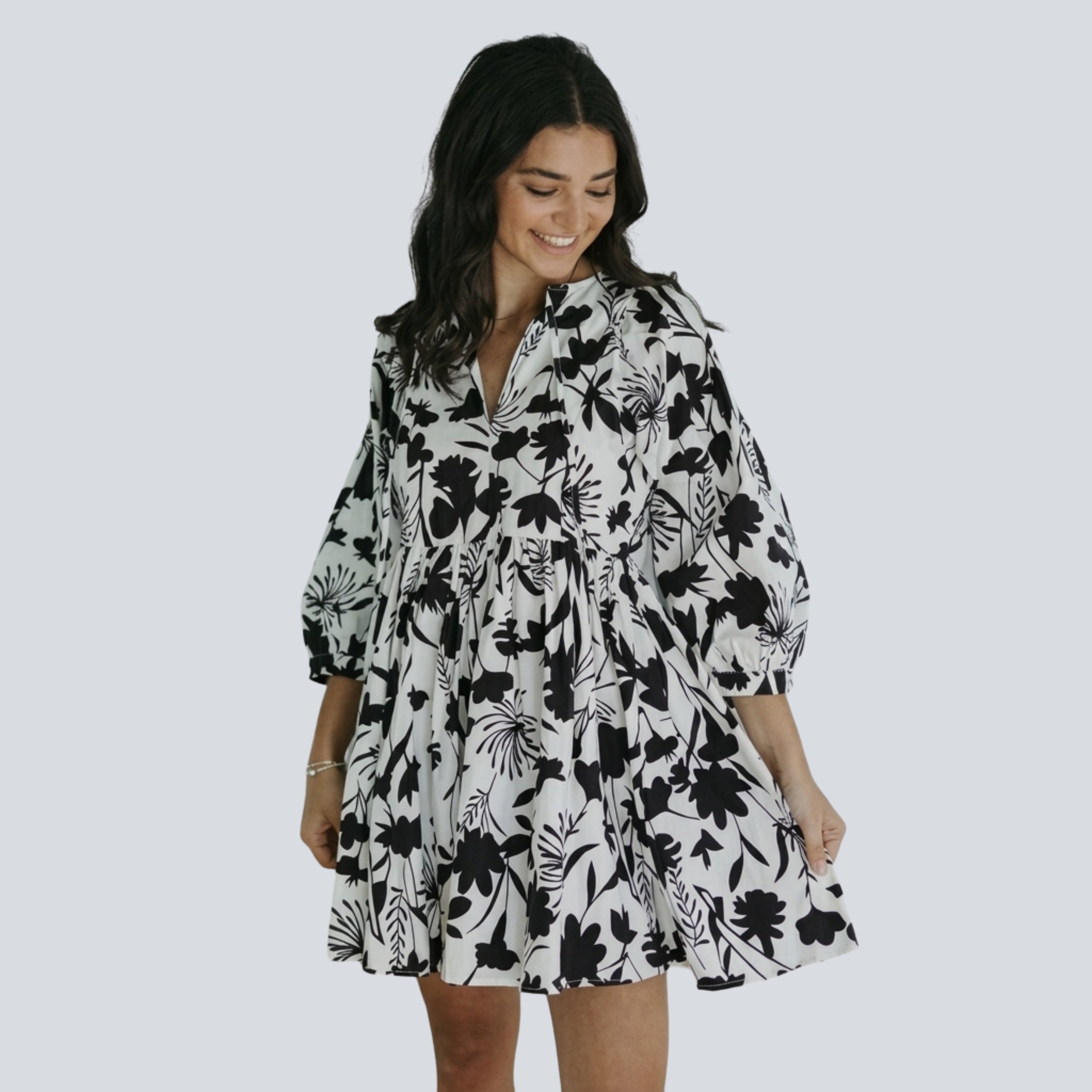 Black & White Floral Print Babydoll Mini Dress for Women