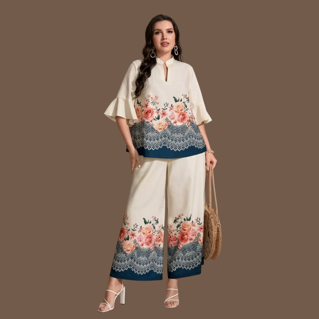 Women's Floral Printed Co-Ord Set | Cream Bell Sleeve Top & Wide Leg Palazzo Pants