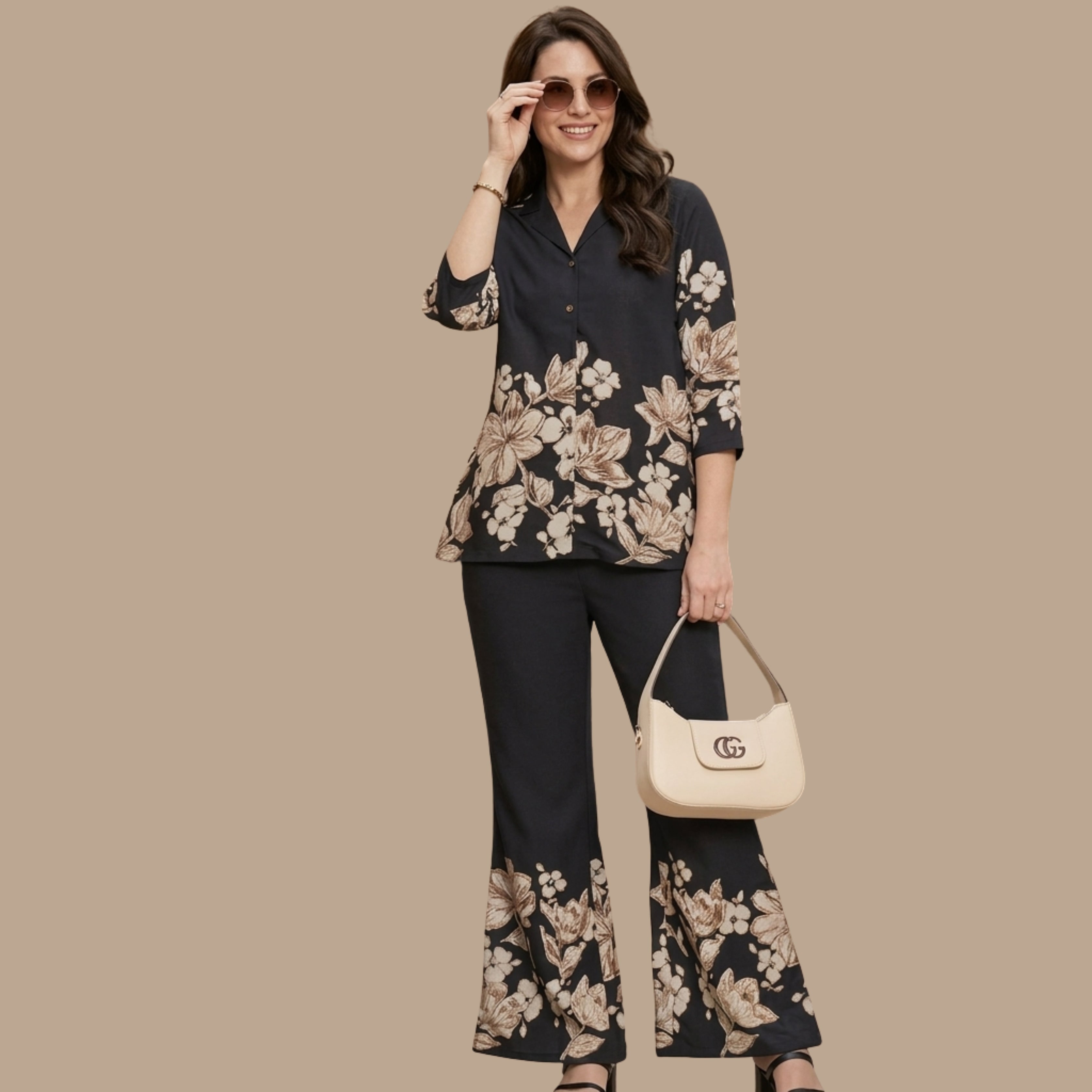 Women's Black Floral Printed Co-Ord Set with Shirt & Flared Pants | Elegant Casual Two Piece Outfit