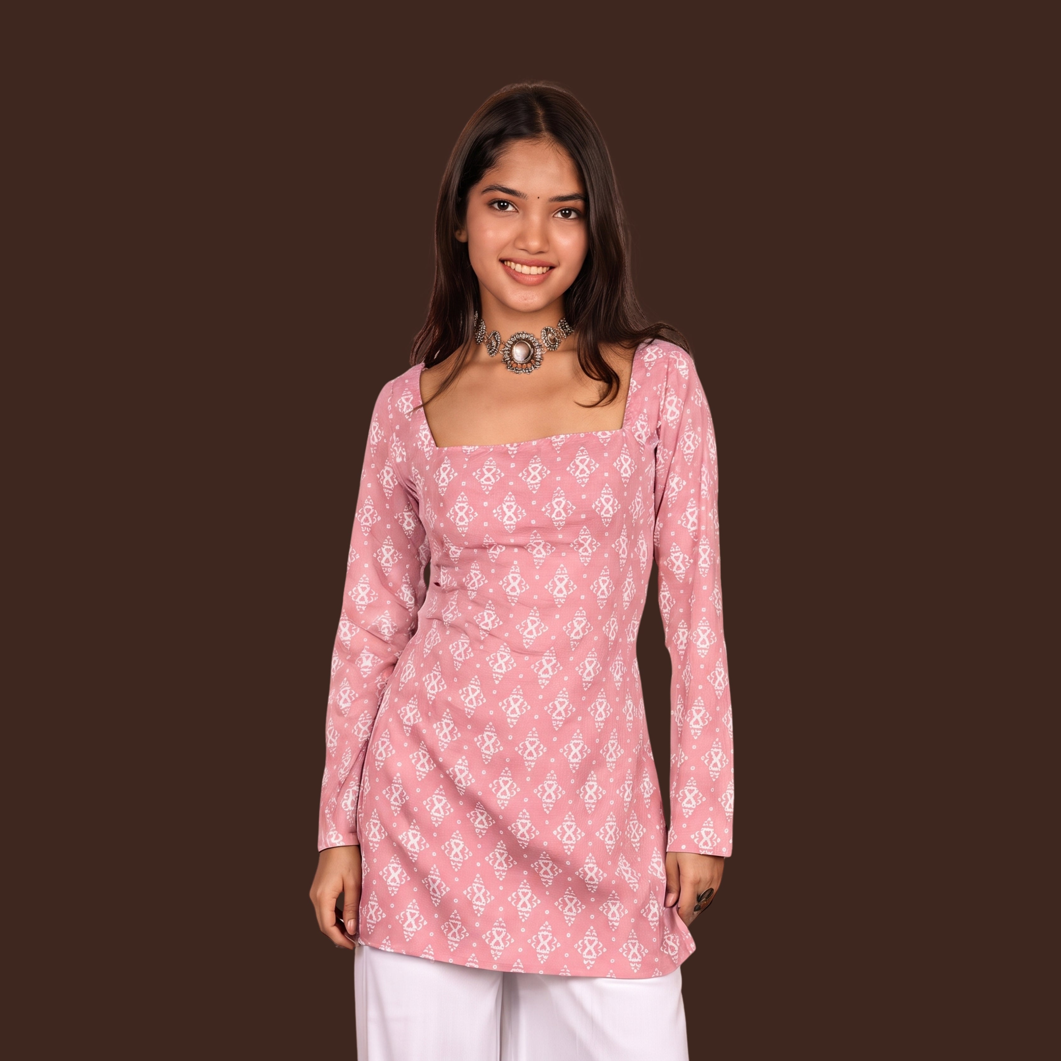 Women's Pink Block Print Short Kurti | Casual Ethnic Kurti for Women