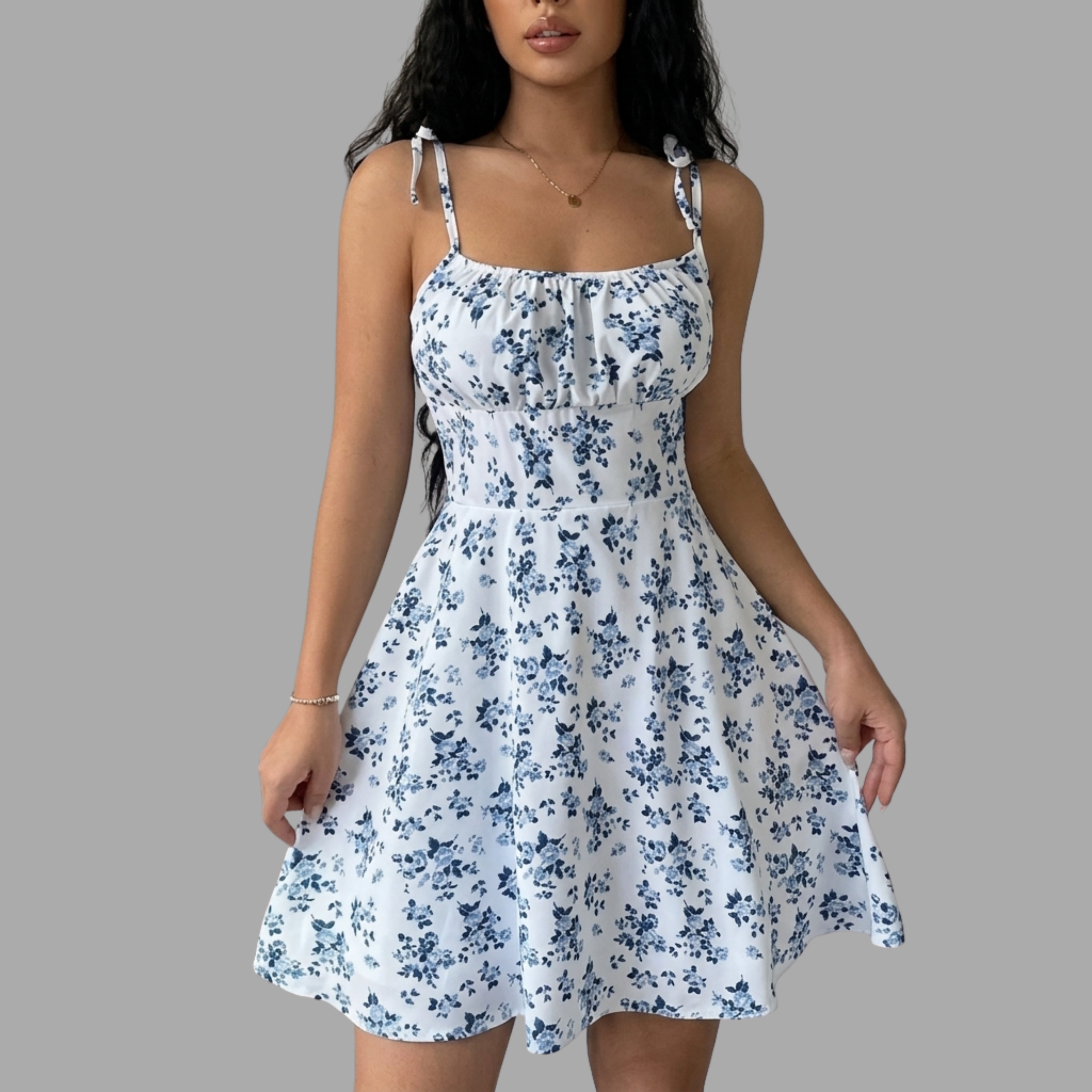 White Floral Tie-Shoulder Mini Dress for Women