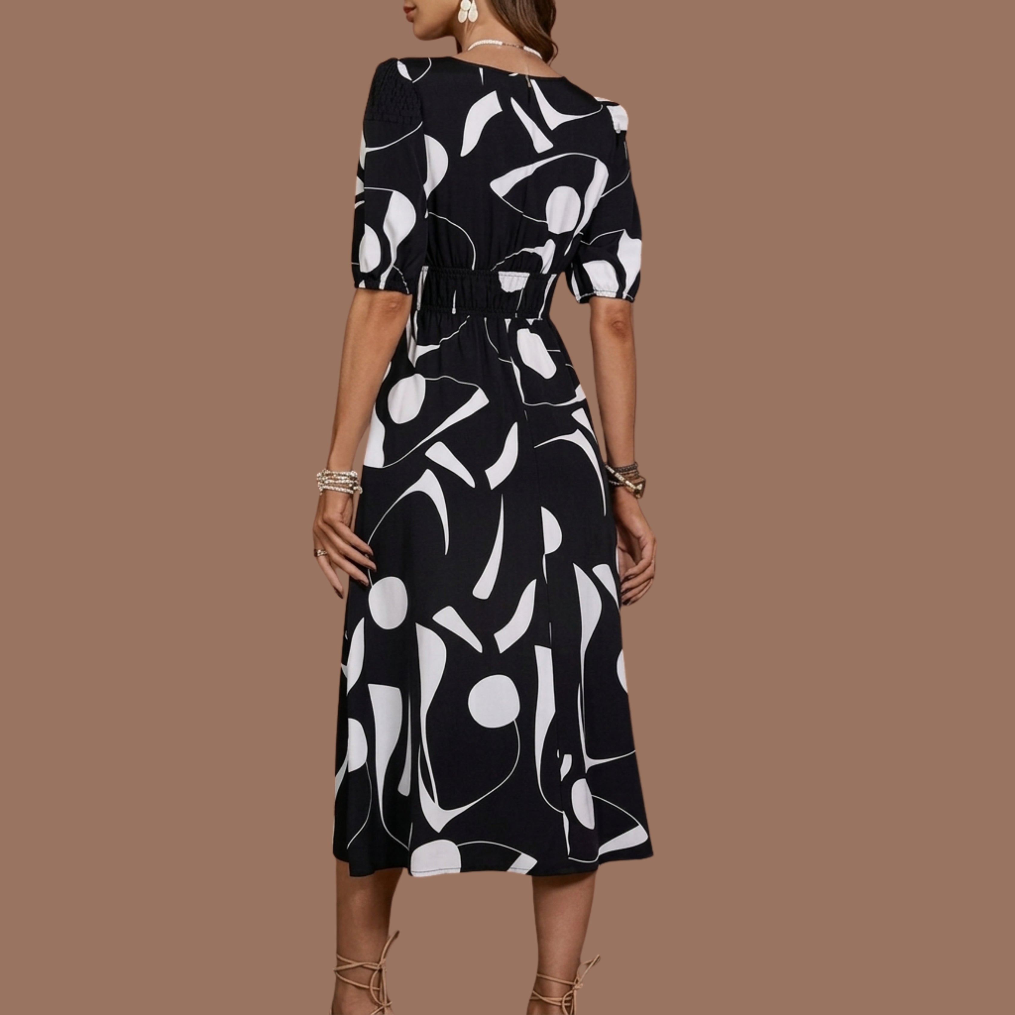Black & White Abstract Print Midi Dress for Women