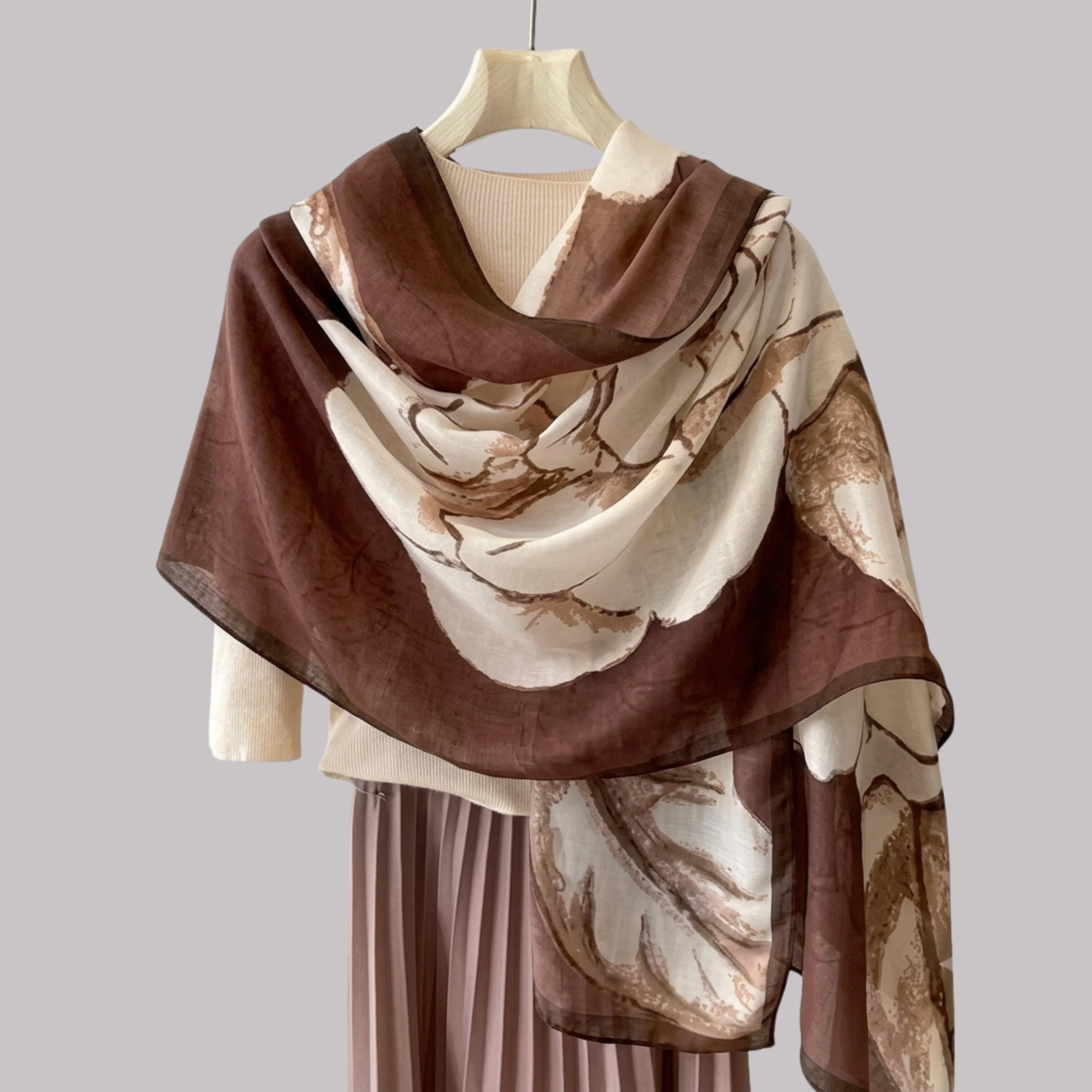 Elegant Brown & Ivory Abstract Print Women's Scarf | Soft Lightweight Fashion Wrap | Korean Style Shawl