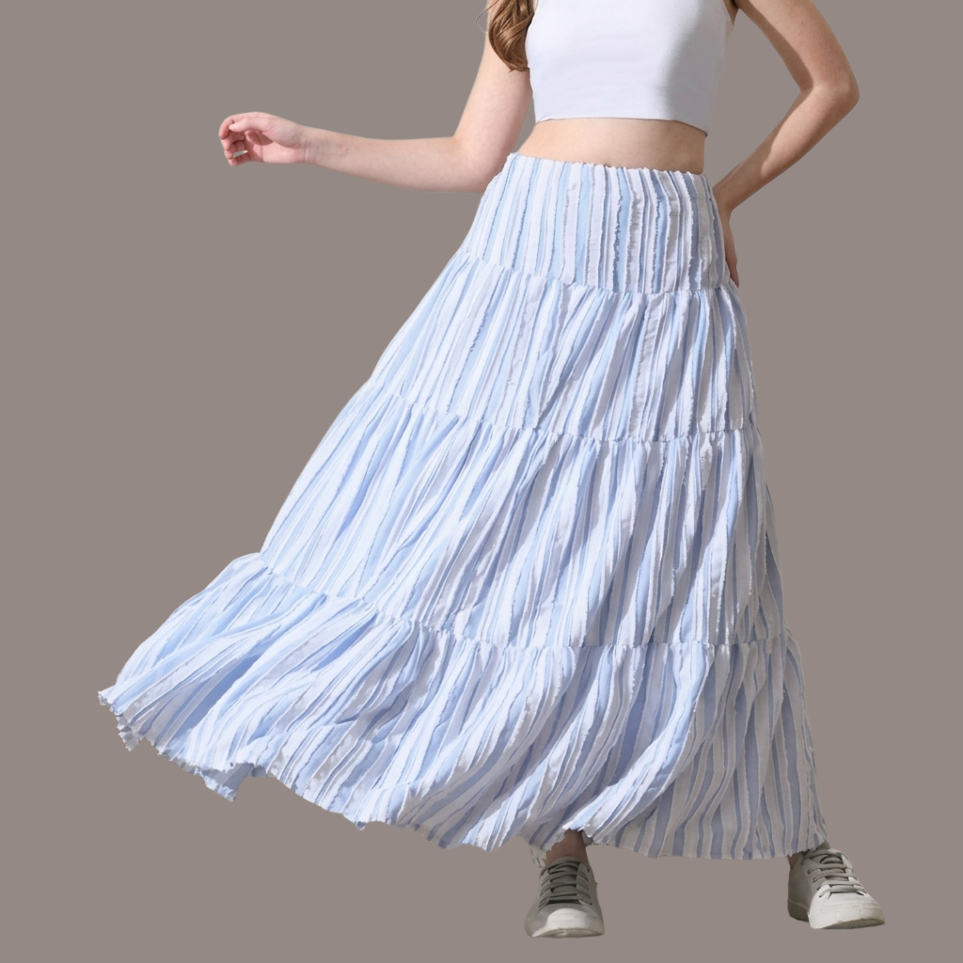 Korean Style Blue Tiered Maxi Skirt for Women | Boho, Soft Girl, and Resort-Wear aesthetic