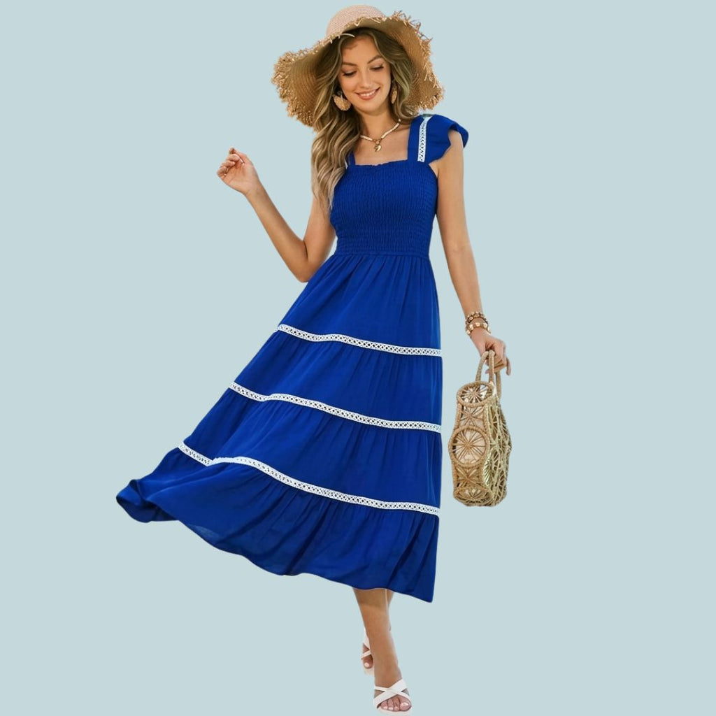 Boho Blue Ruffle Strap Midi Dress | Summer Holiday Outfit