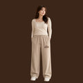 Women's KOREAN Beige Wide Leg Sweatpants – High Waist Drawstring Casual Lounge Pants