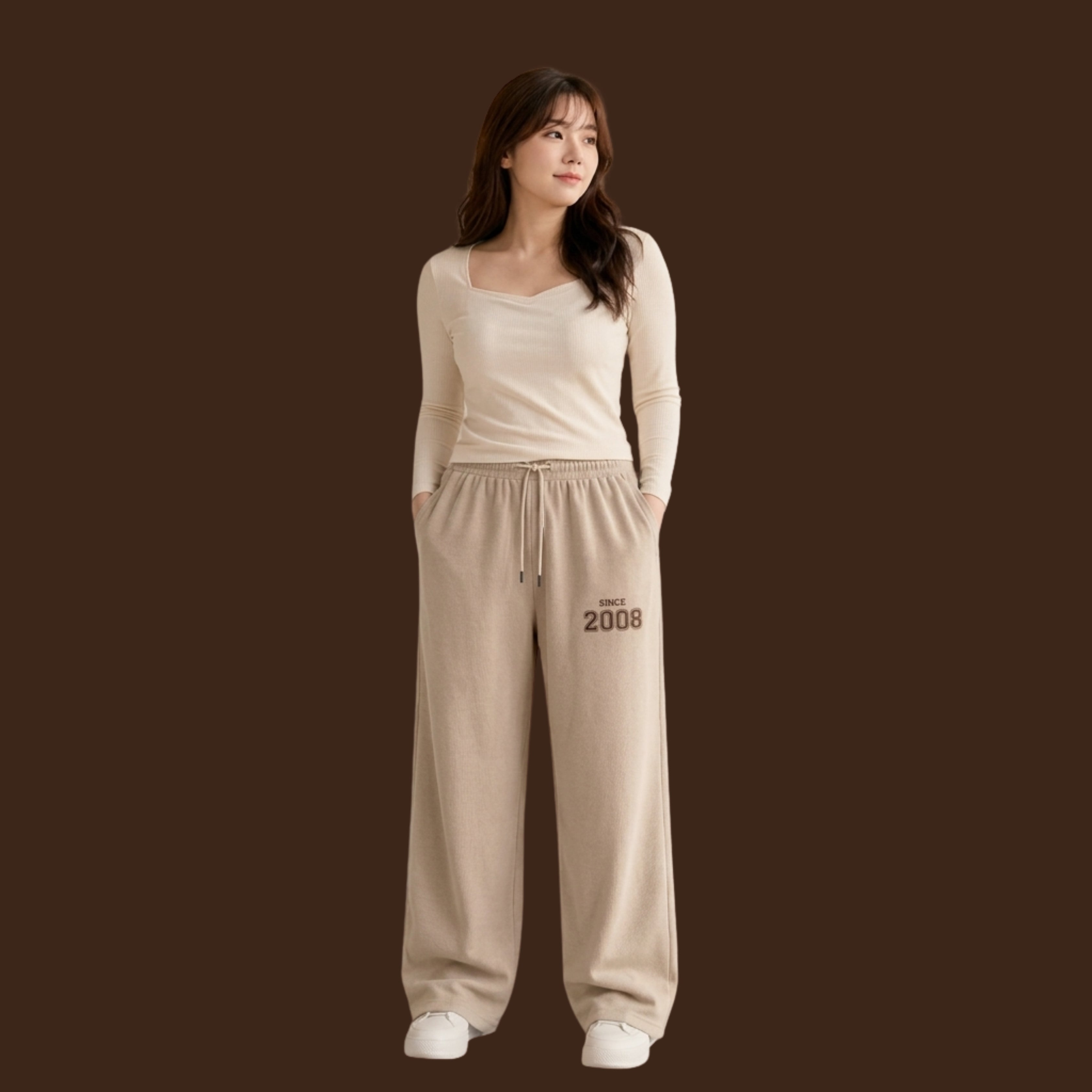 Women's KOREAN Beige Wide Leg Sweatpants – High Waist Drawstring Casual Lounge Pants