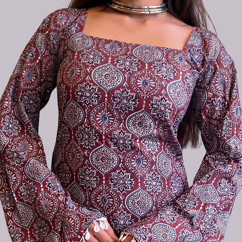 Women's Maroon Ajrakh Printed Short Kurti | Square Neck Bell Sleeve Ethnic Top with Back Tie-Up