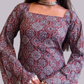 Women's Maroon Ajrakh Printed Short Kurti | Square Neck Bell Sleeve Ethnic Top with Back Tie-Up