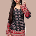 Women's Black & Maroon Printed Short Kurti | Boho Bell Sleeve Ethnic Tunic Top with Back Tie Detail