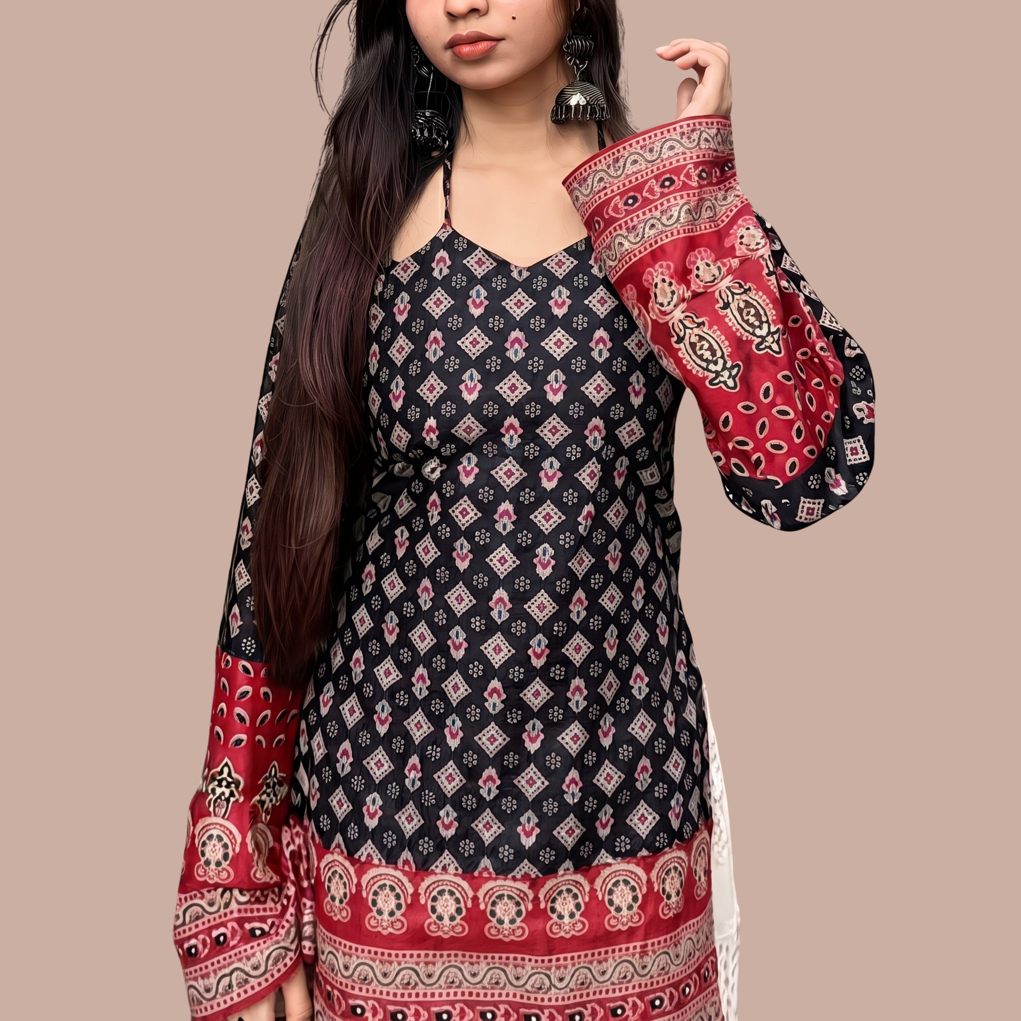 Women's Black & Maroon Printed Short Kurti | Boho Bell Sleeve Ethnic Tunic Top with Back Tie Detail