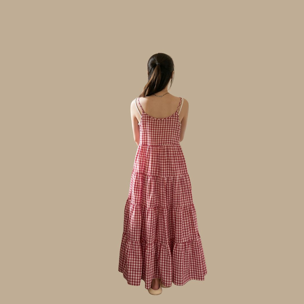 Flowy Tiered Cotton Checkered Maxi Dress