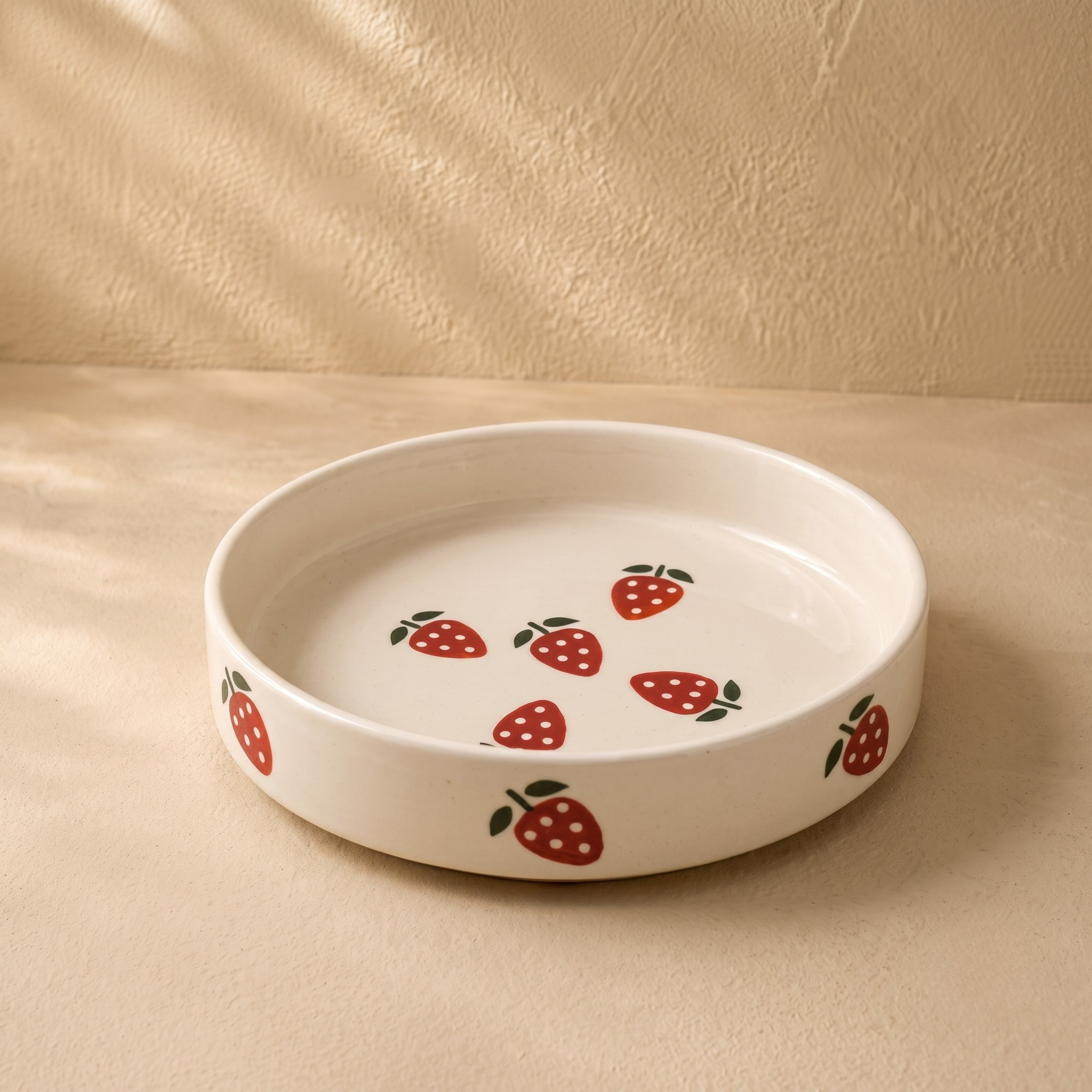 White Ceramic Strawberry Print Flat Plate & Bowl (6.5 Inch) | Microwave Safe Snack Plate