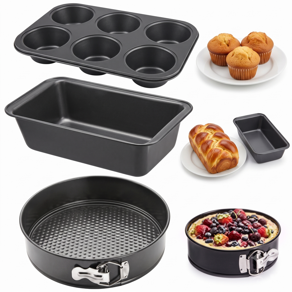 Premium 3-Piece Carbon Steel Bakeware Set - Black | Muffin Tray, Bread Loaf Pan & Cake Tin