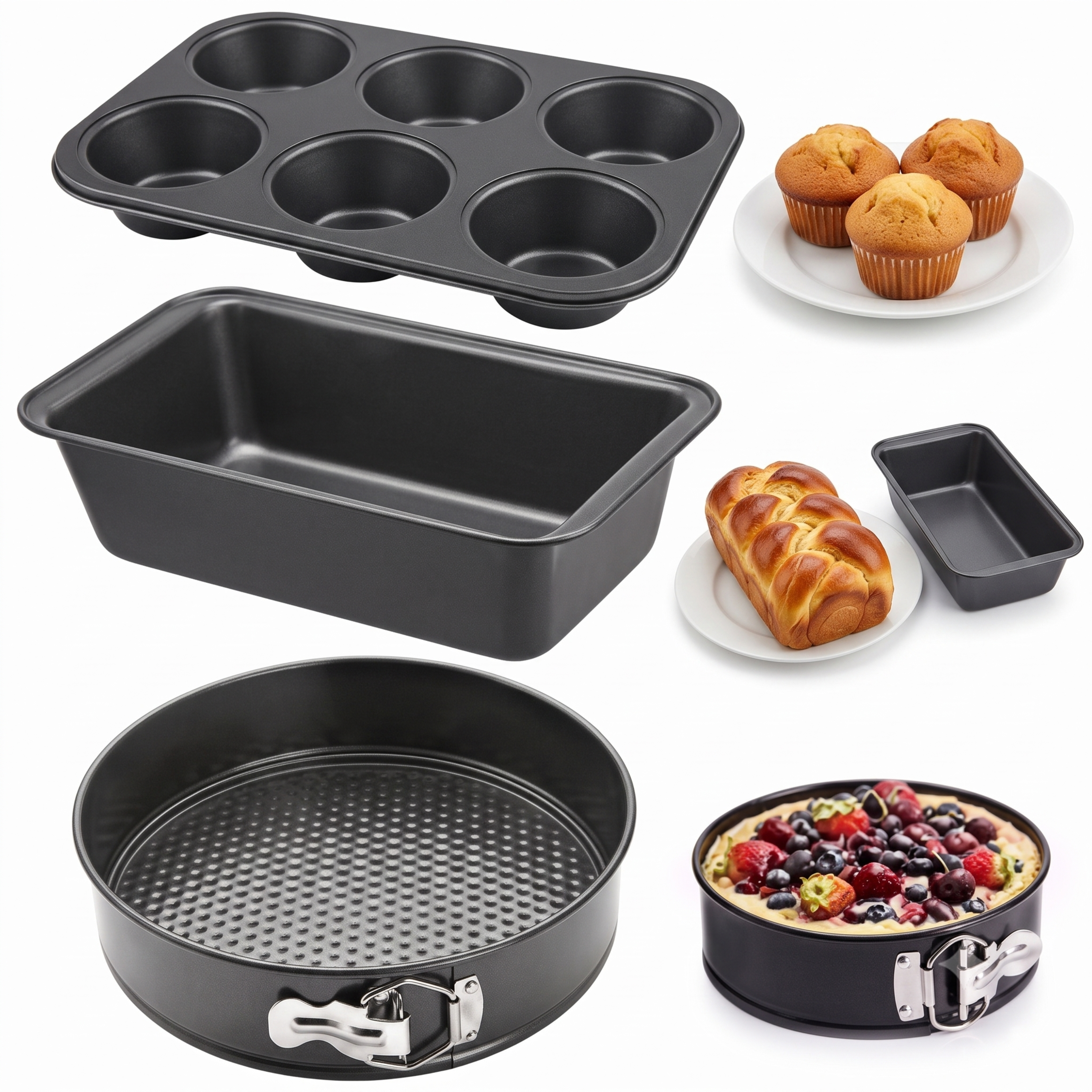 Premium 3-Piece Carbon Steel Bakeware Set - Black | Muffin Tray, Bread Loaf Pan & Cake Tin