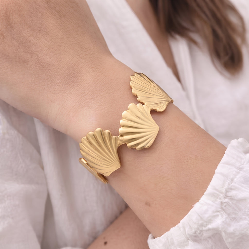 Gold Seashell Cuff Bracelet for Women | Adjustable Anti-Tarnish Statement Bangle