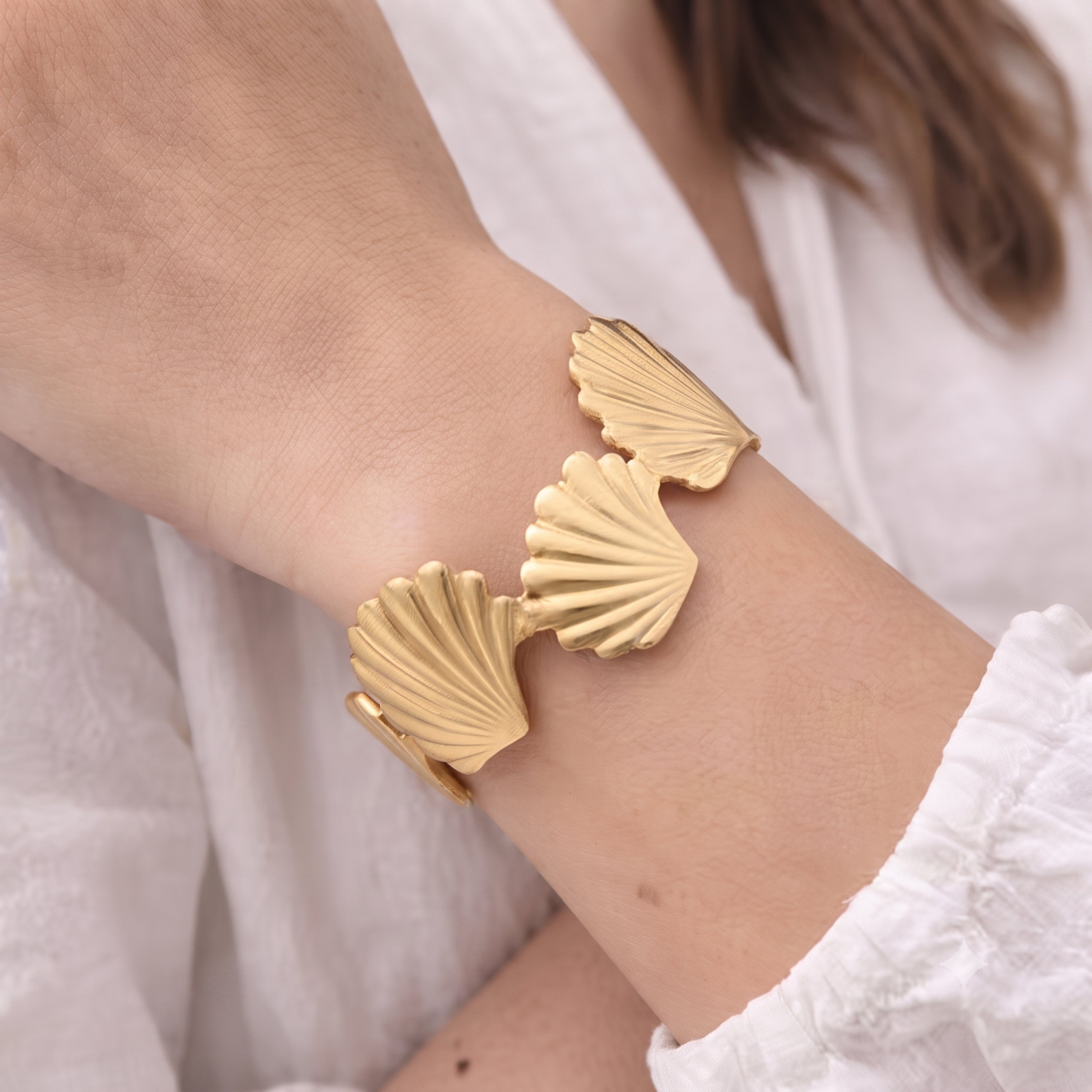 Gold Seashell Cuff Bracelet for Women | Adjustable Anti-Tarnish Statement Bangle