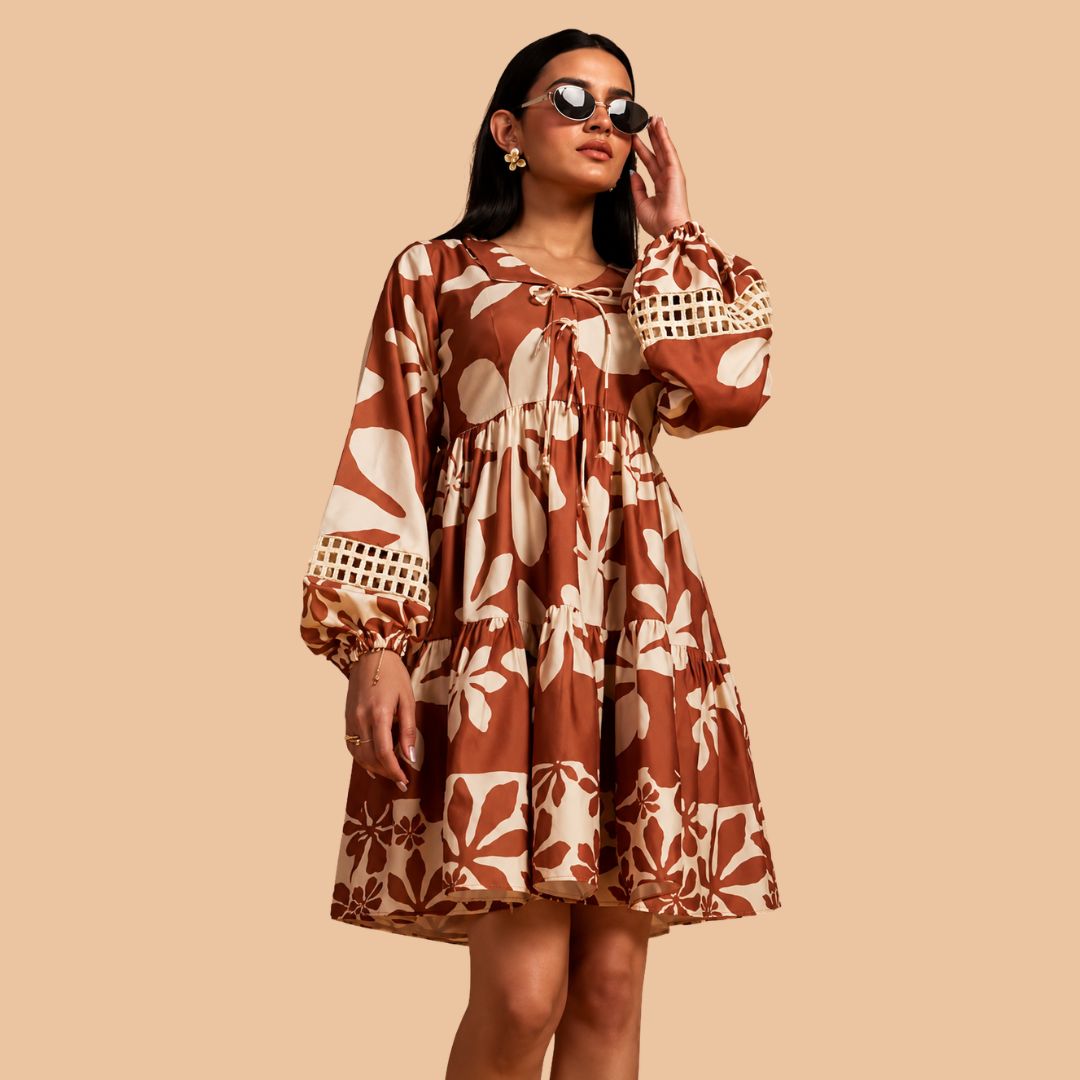 Women's Rust Floral Tiered Mini Dress