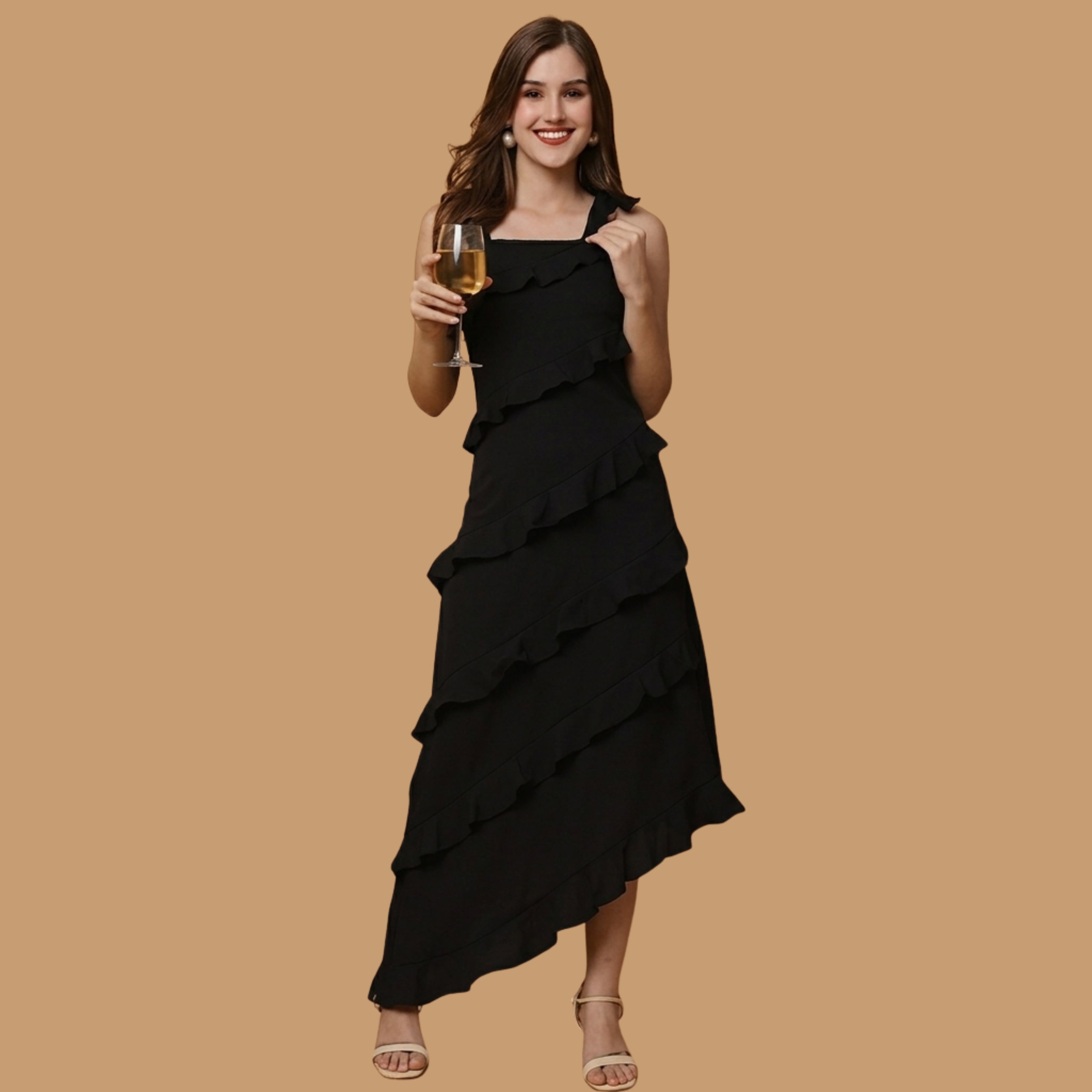 Women’s Black Ruffle Asymmetrical Maxi Dress | Elegant Evening Dress
