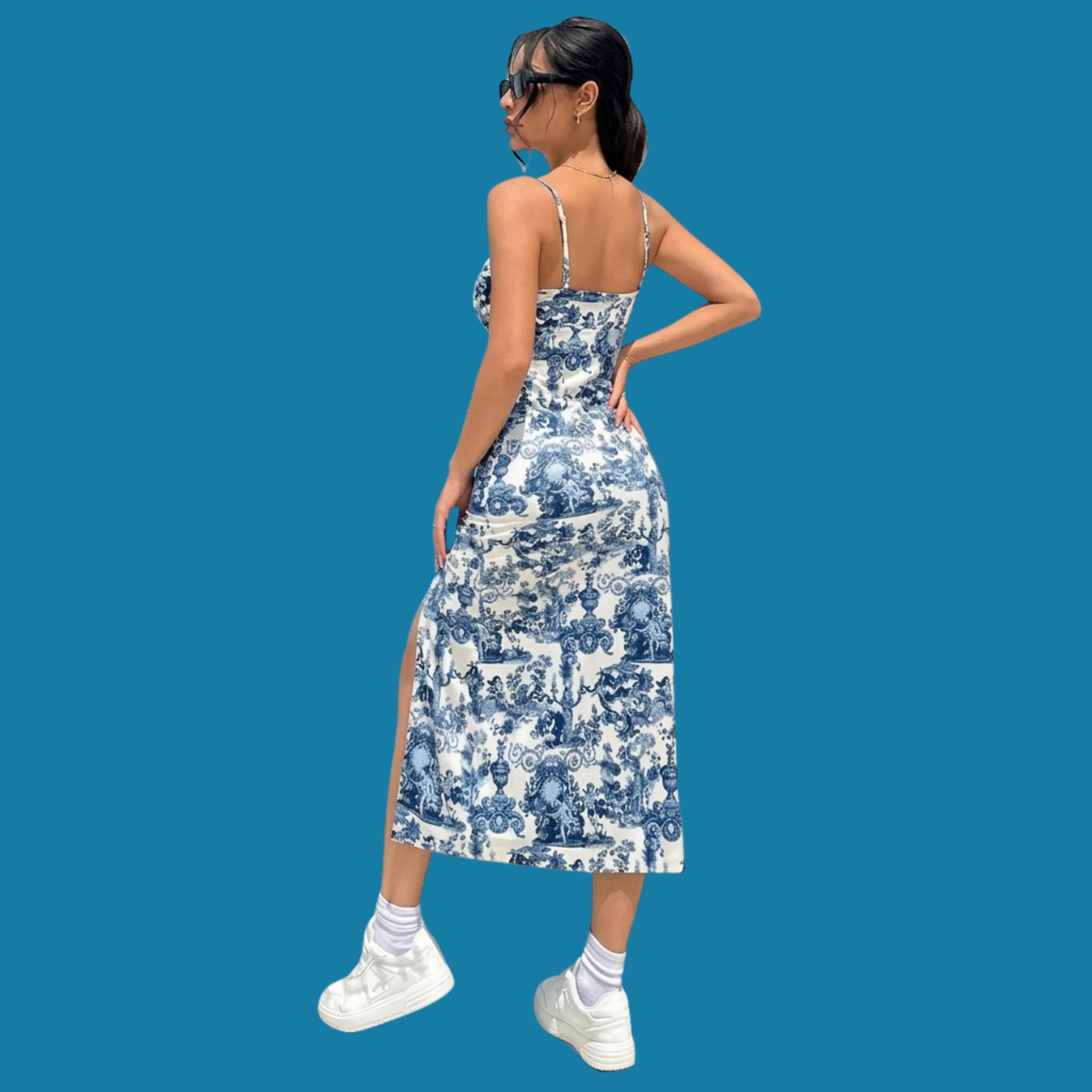 Blue & White Porcelain Print Bodycon Midi Dress with Side Slit