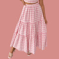 Korean Style Pink Gingham Tiered Maxi Skirt for Women | High Waist Flowy Checkered Long Skirt