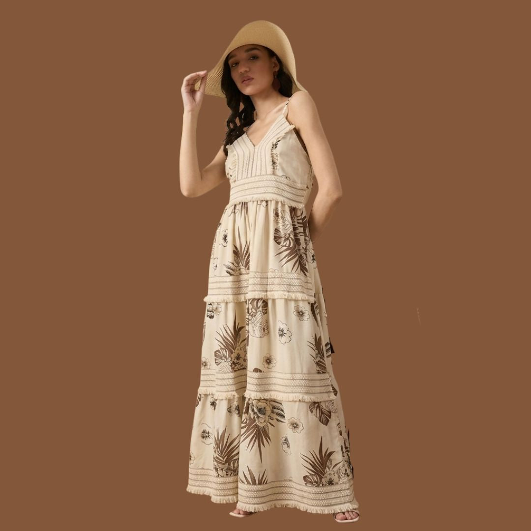 Boho Beige Floral Tiered Maxi Dress for Women | Sleeveless V-Neck Summer Beach Dress