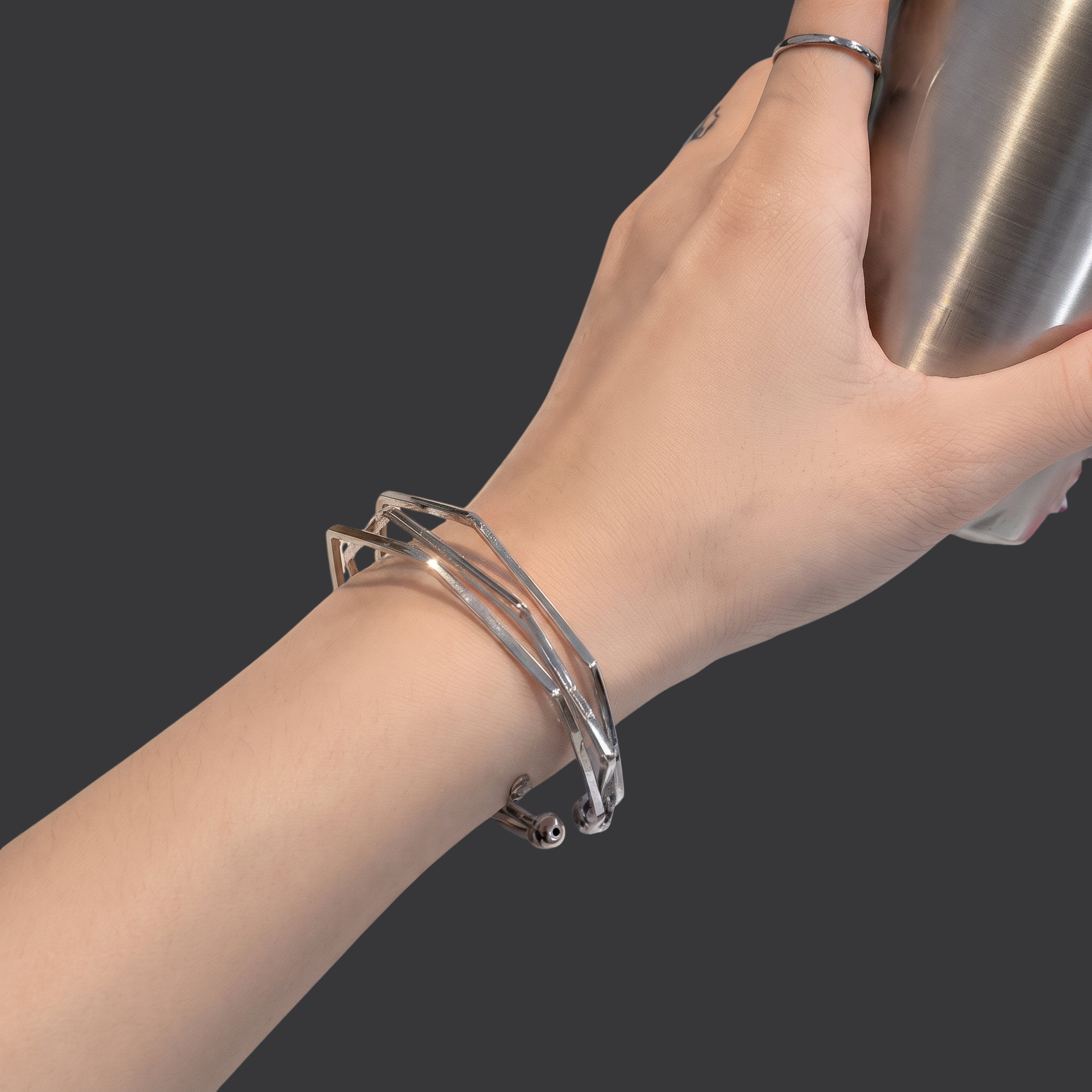 Geometric Adjustable Silver Cuff Bracelet for Women | Anti-Tarnish Minimalist Open Bangle