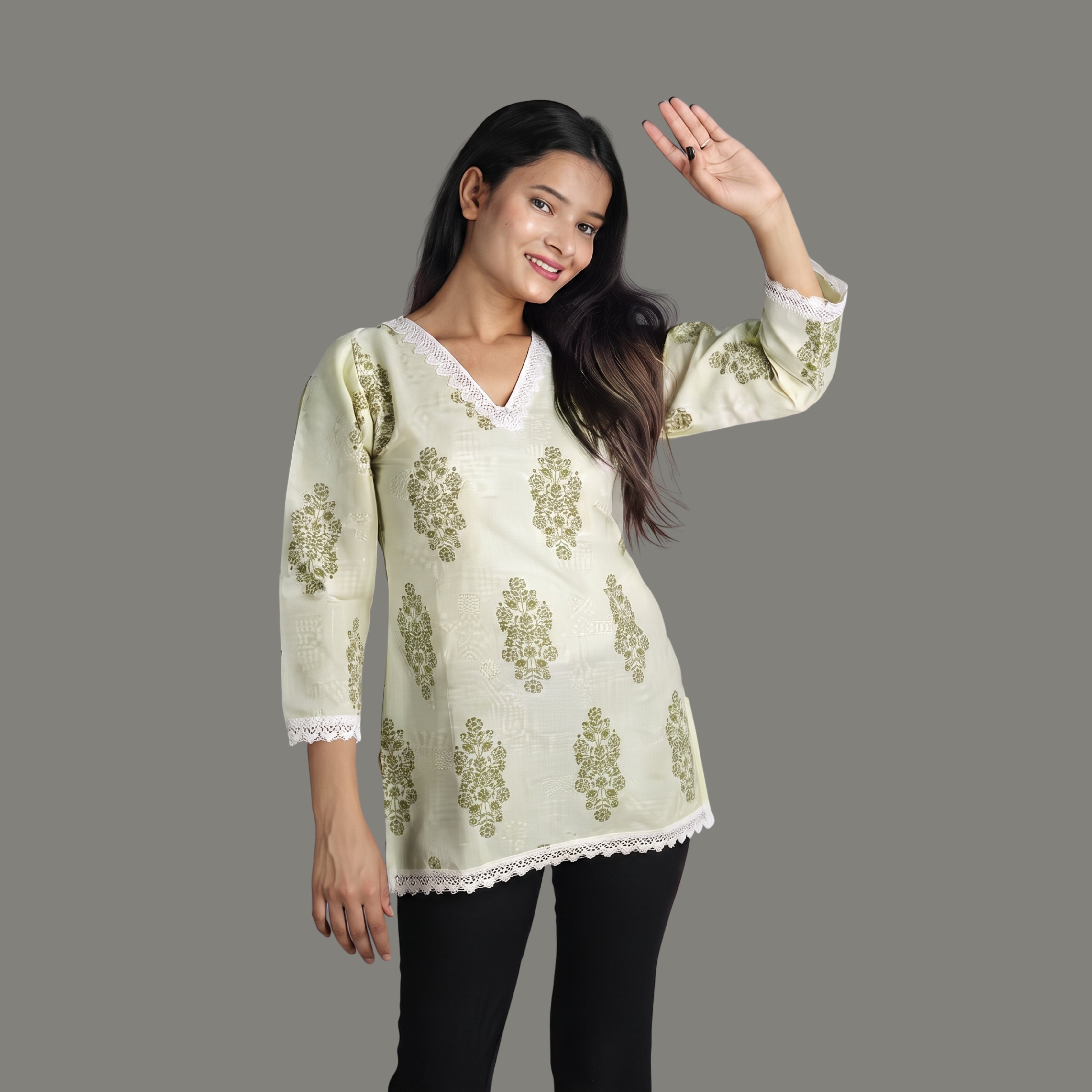 Women's Green Floral Printed Short Kurti | V-Neck Cotton Ethnic Top with Lace Detail
