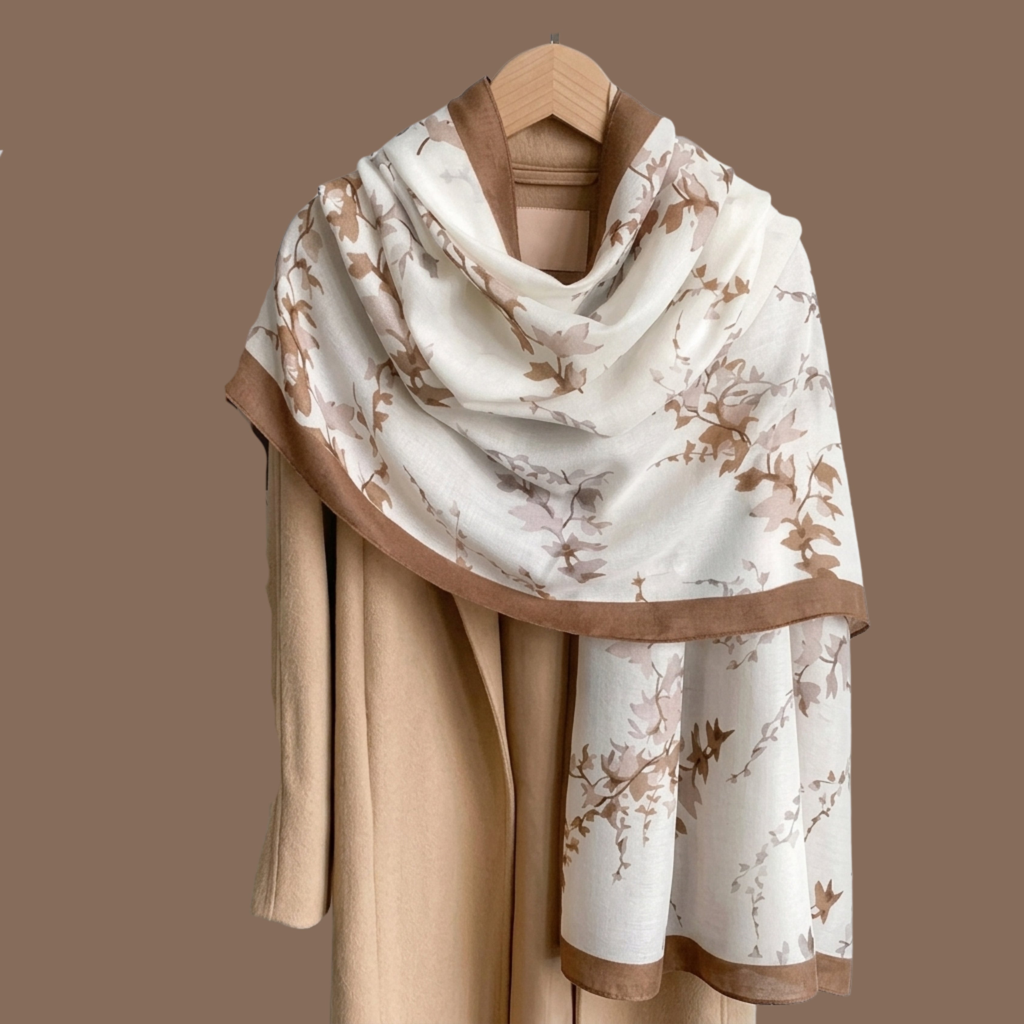 Elegant White & Beige Floral Print Women's Scarf | Soft Lightweight Korean Style Shawl & Wrap