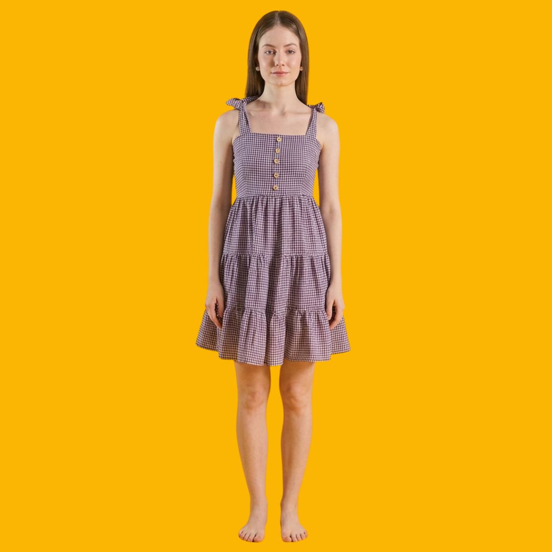 Purple Gingham Tie-Strap Tiered Dress for Women | Casual Summer Cotton Dress