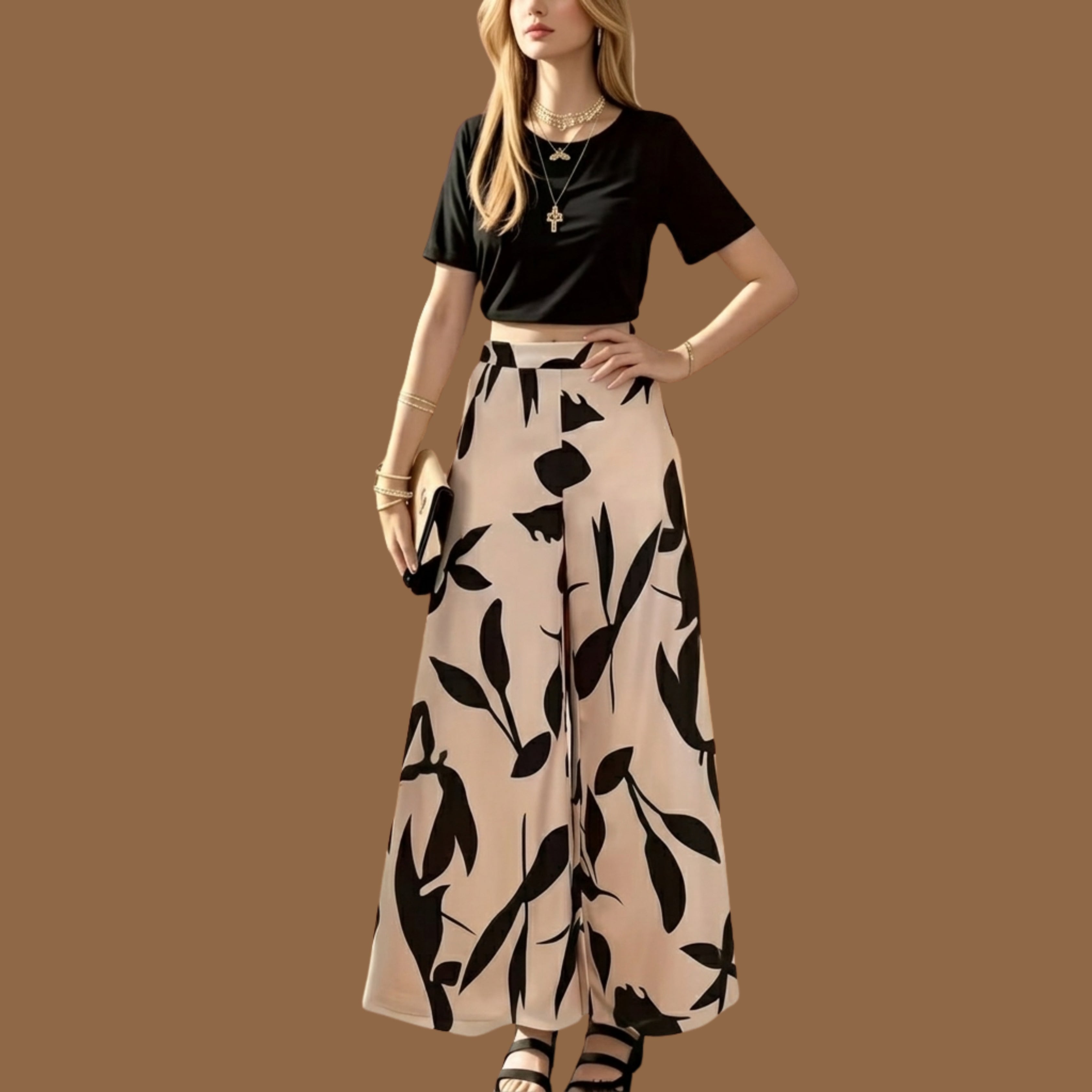 Women's Black Crop Top & Beige Floral Wide-Leg Co-Ord Set | Printed Two-Piece Outfit
