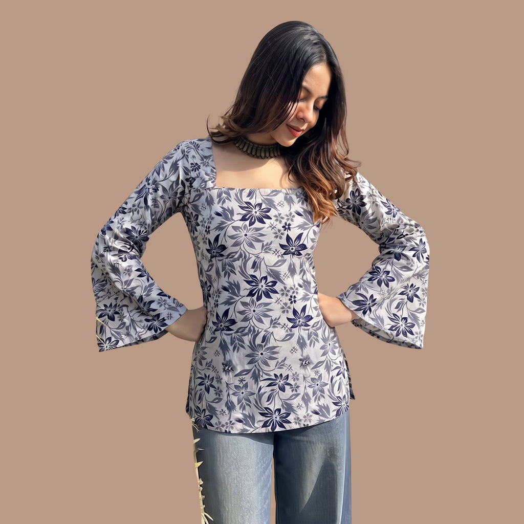 Women's White & Blue Floral Printed Short Kurti | Square Neck Bell Sleeve Cotton Tunic Top | Casual & Party Wear