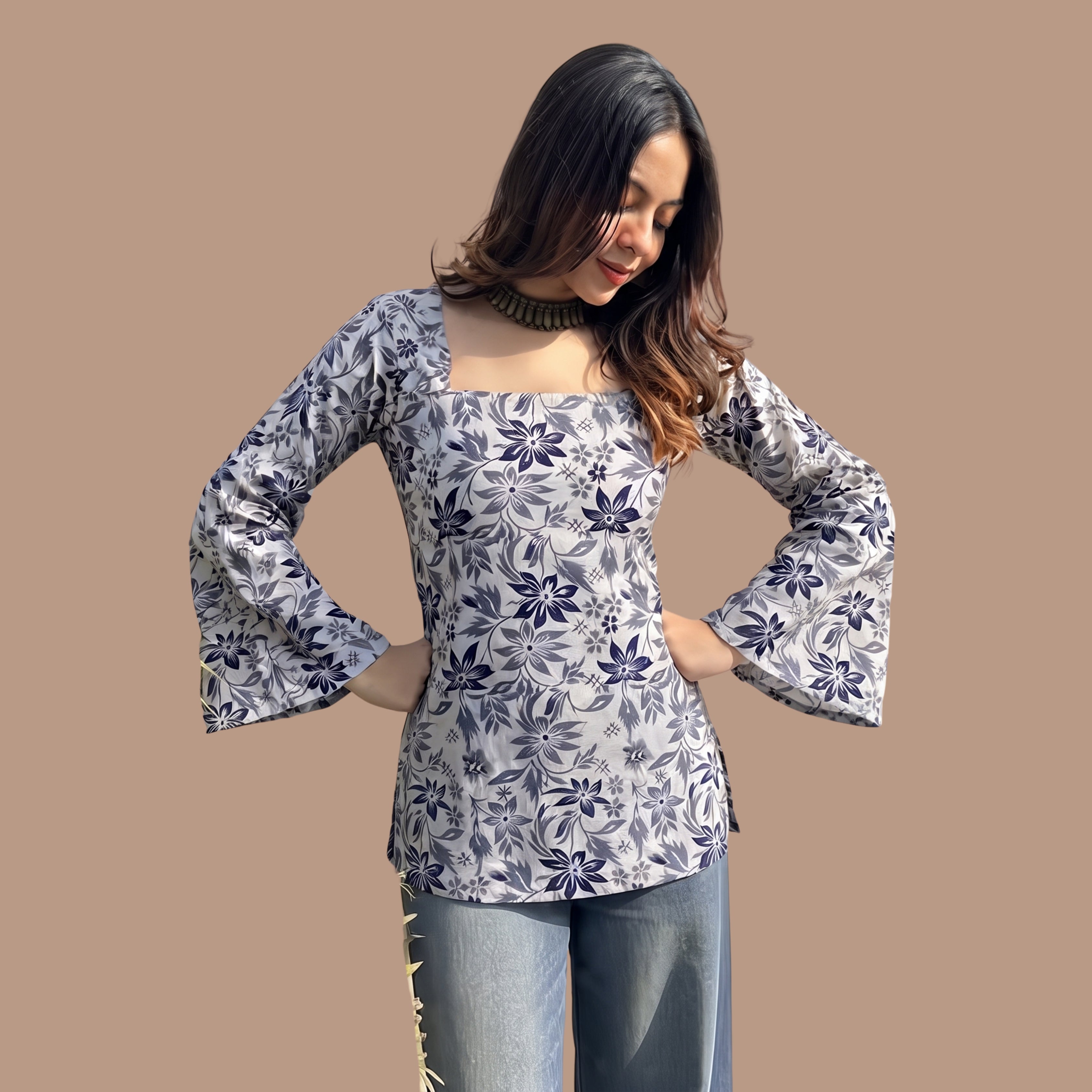 Women's White & Blue Floral Printed Short Kurti | Square Neck Bell Sleeve Cotton Tunic Top | Casual & Party Wear