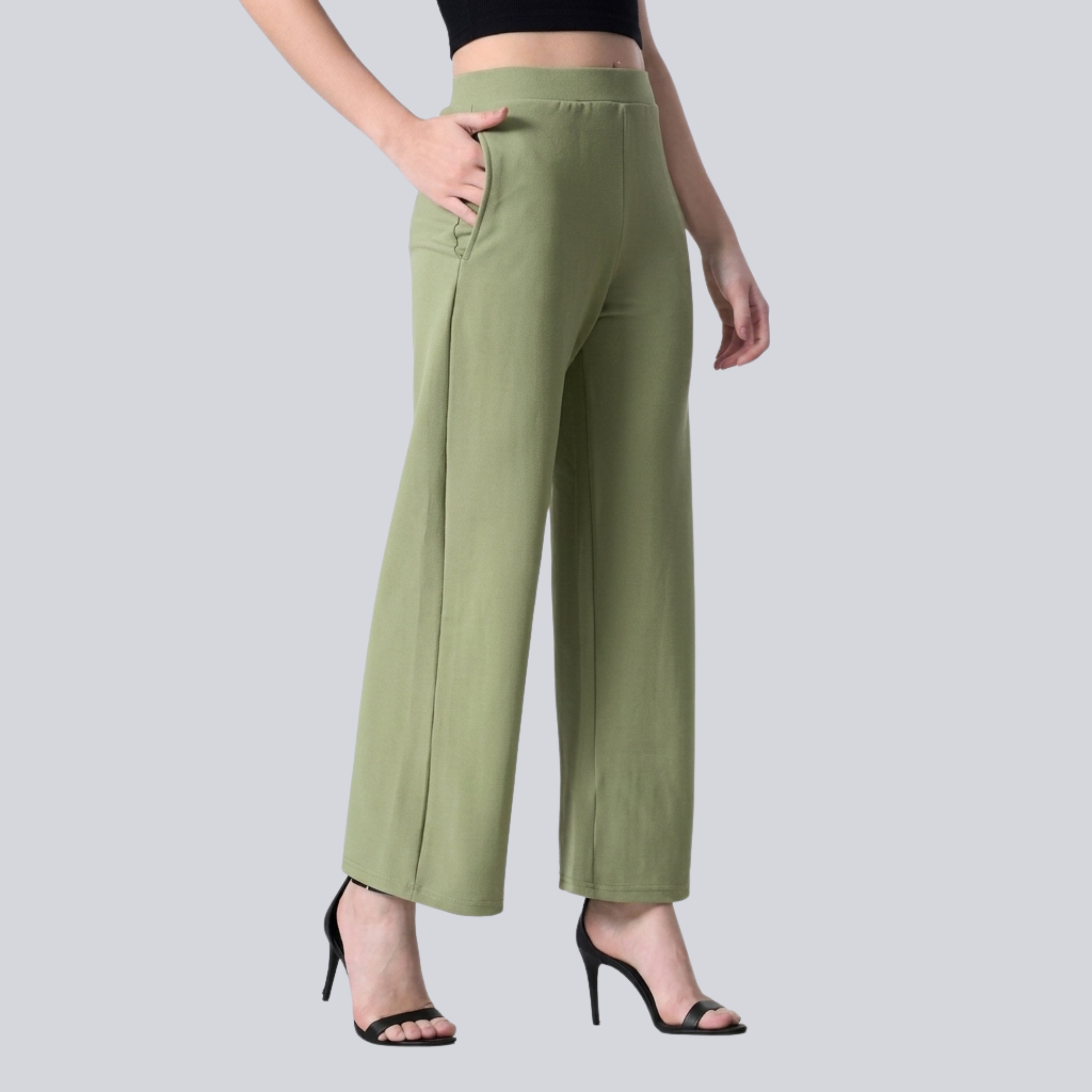 Women's Korean Wide Leg Pants | High Waist Green Casual & Office Trousers