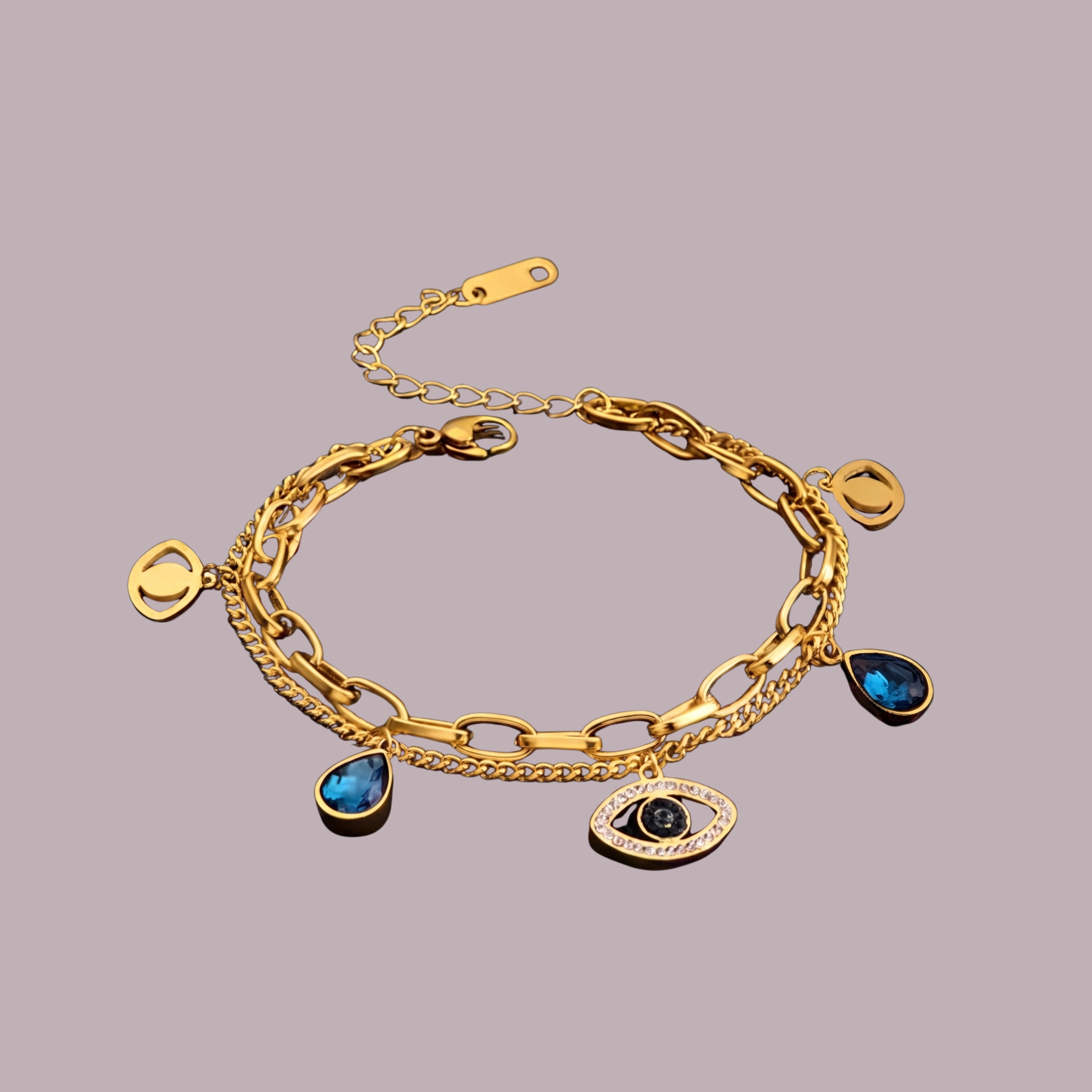 Gold Evil Eye Bracelet for Women | Adjustable Anti-Tarnish Layered Bracelet with Blue Crystal Charms
