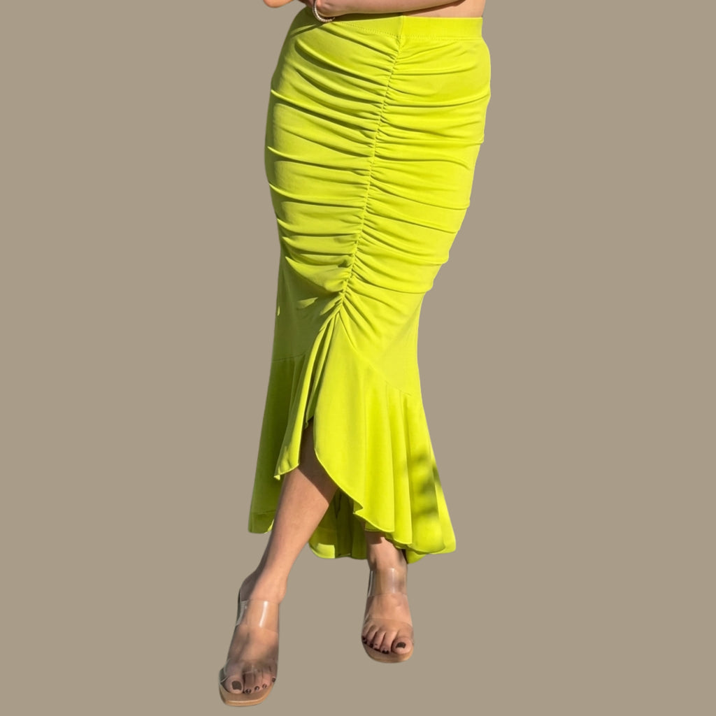 Korean Inspired Neon Green Ruched Mermaid Maxi Skirt for Women |