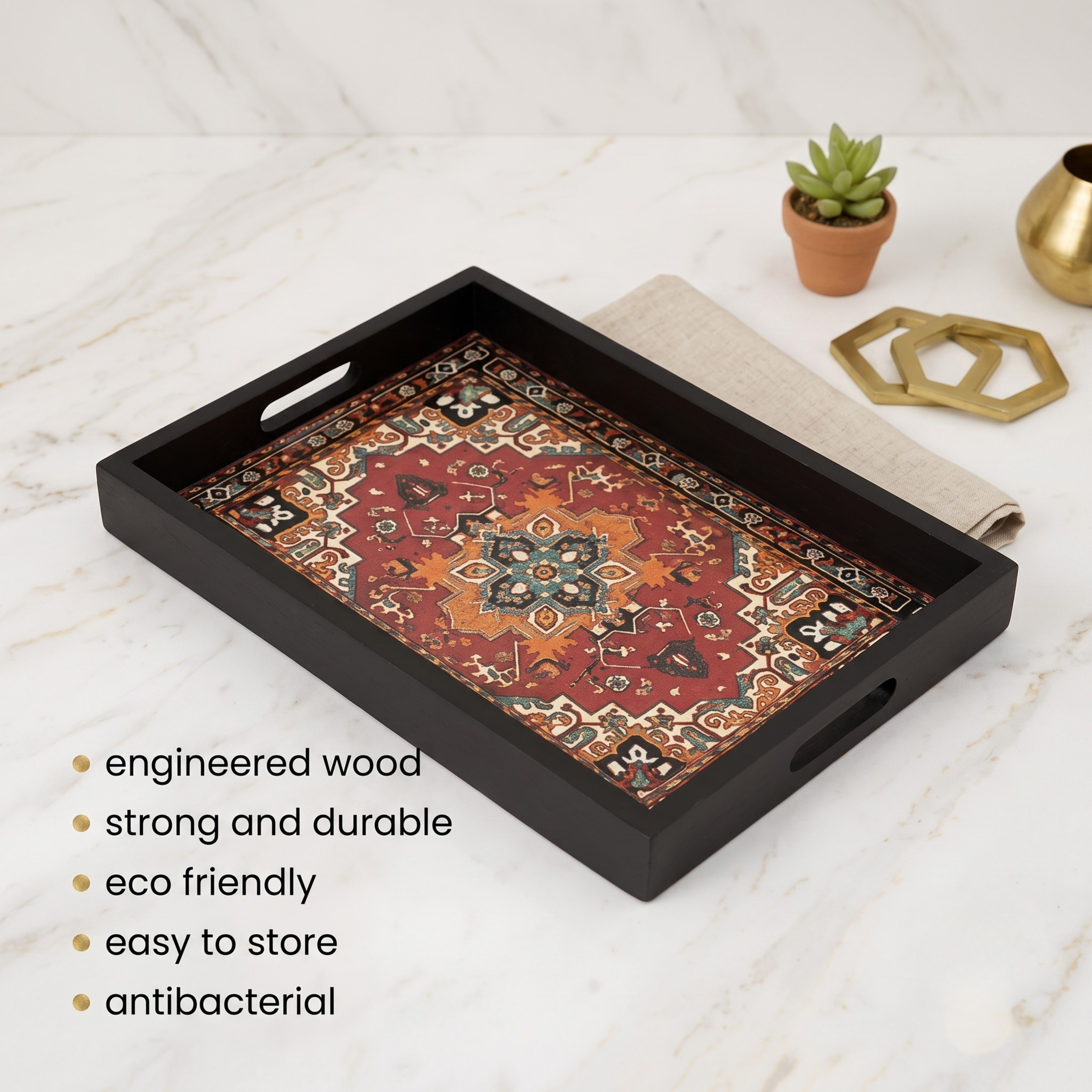 Black Wooden Serving Tray - 13x9 Inch | Lightweight