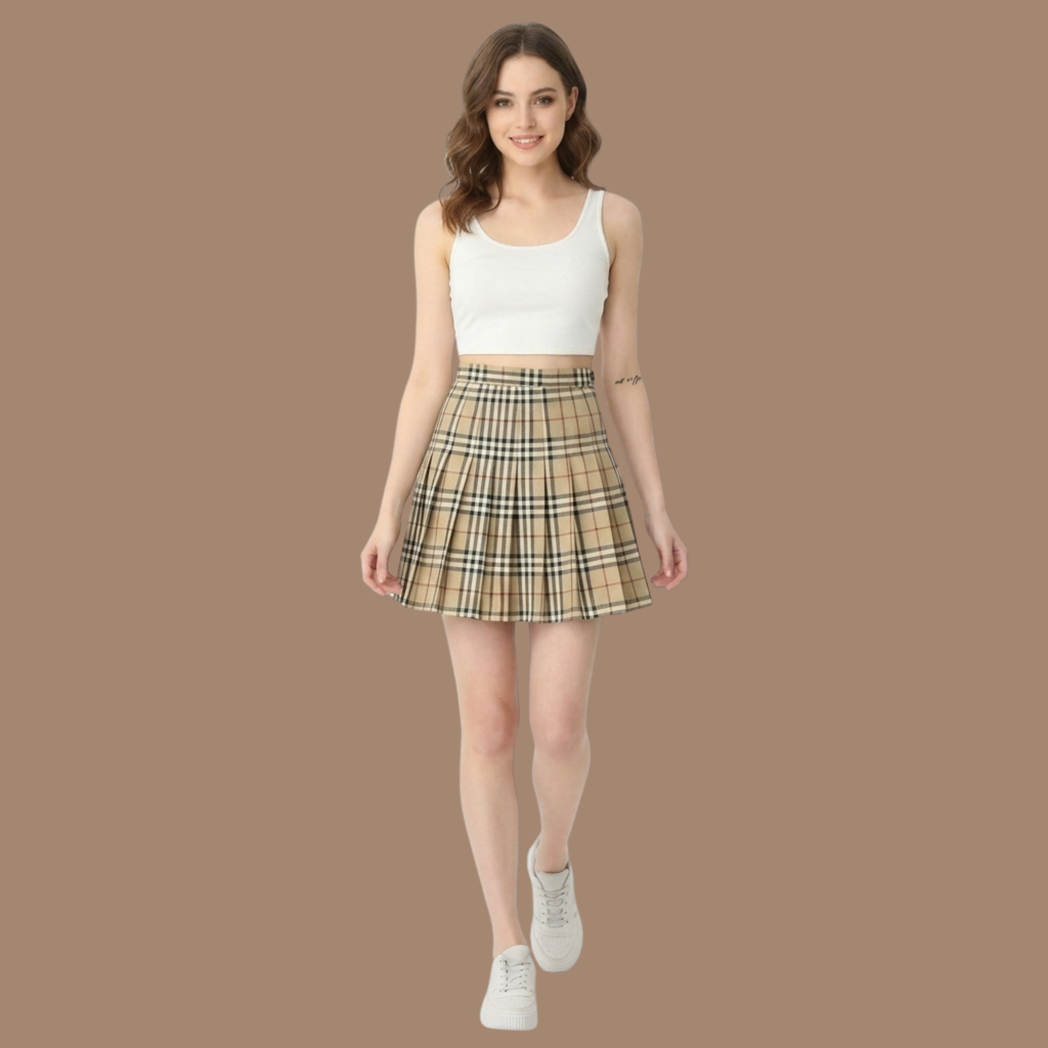 Korean Style Beige Plaid Pleated Mini Skirt for Women | High Waist A-Line Tennis Skirt | Nine99 Store