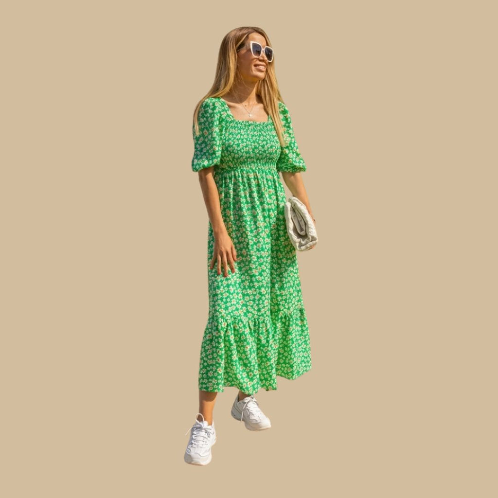 Summer Green Floral Tiered Dress with Puff Sleeves